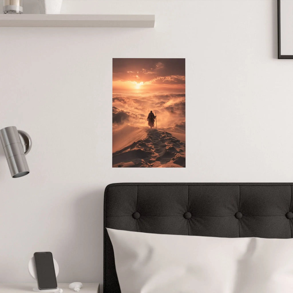 Desert Wanderer Satin Poster — Dramatic Sunset Silhouette Wall Art Printify