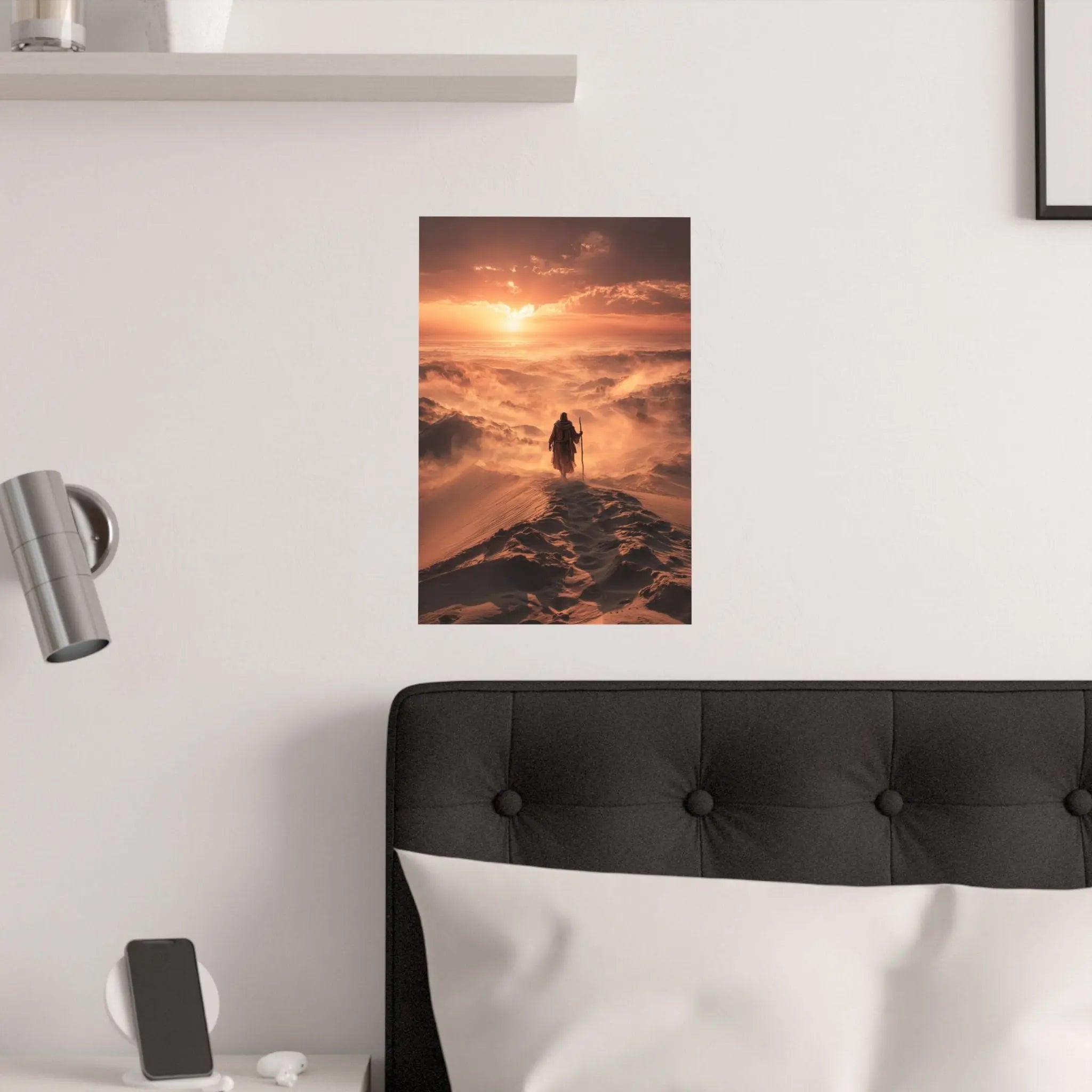 Desert Wanderer Satin Poster — Dramatic Sunset Silhouette Wall Art Printify