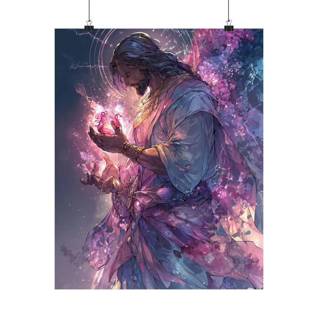 Satin Poster — Radiant Christ Holding Heart Illustration (210gsm) Printify