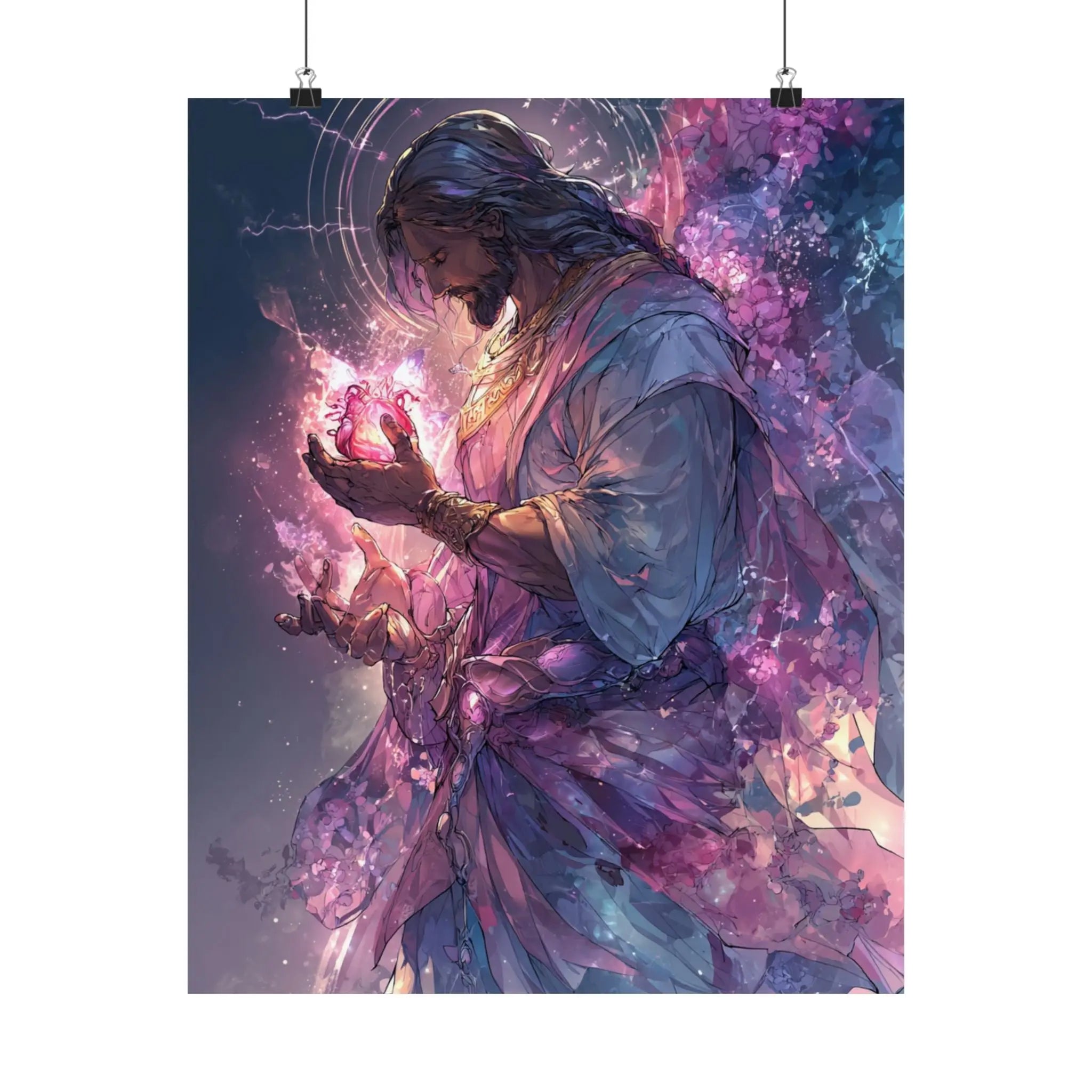 Satin Poster — Radiant Christ Holding Heart Illustration (210gsm) Printify