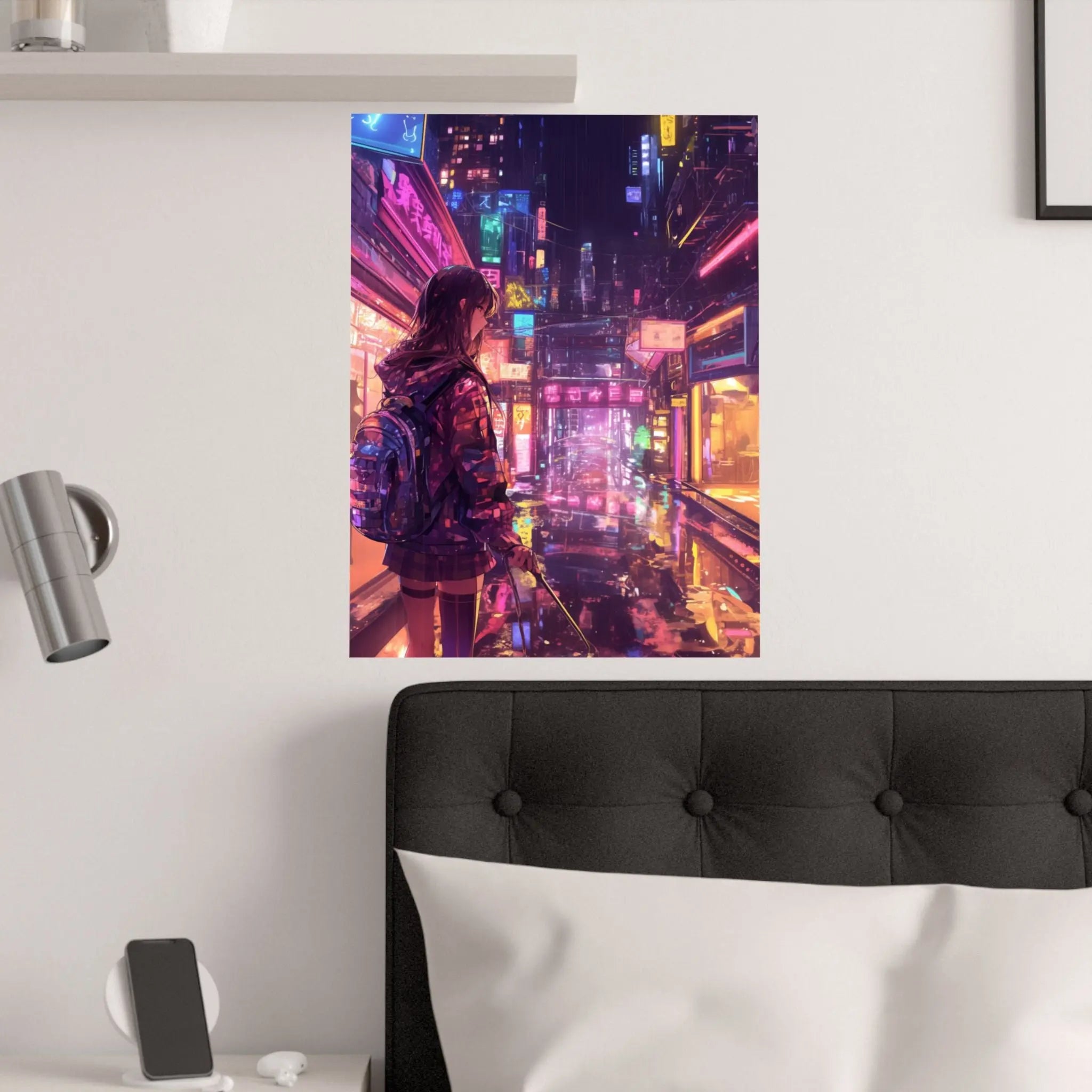 Satin Poster — Neon Cyber City Girl (210gsm) Printify