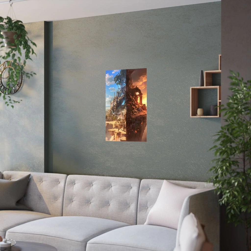 Fantasy Split-World Satin Poster (210gsm) — Day & Night Landscape Art Print Printify