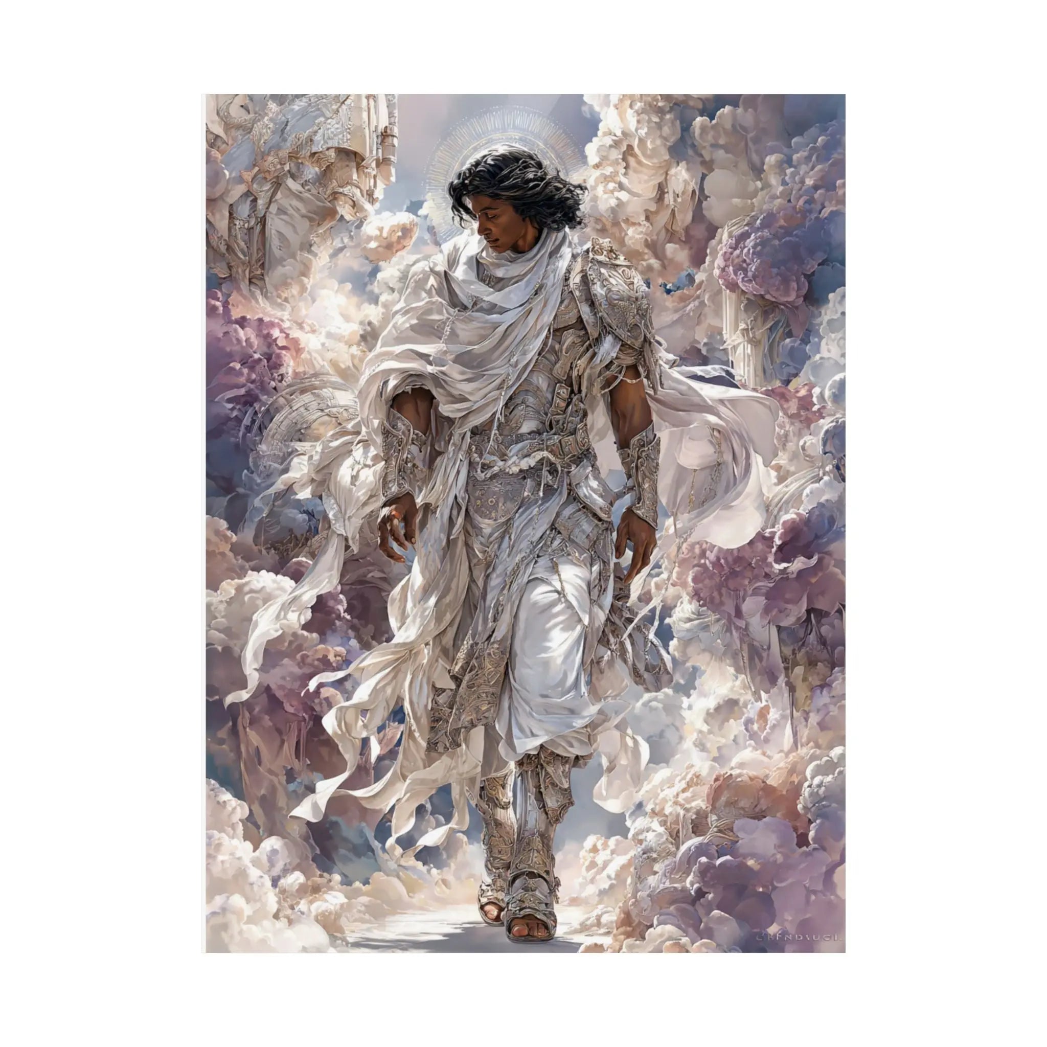 Angelic Figure Satin Poster — Ethereal Cloudscape Wall Art (210gsm) Printify