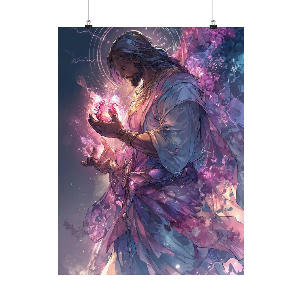 Satin Poster — Radiant Christ Holding Heart Illustration (210gsm) Printify