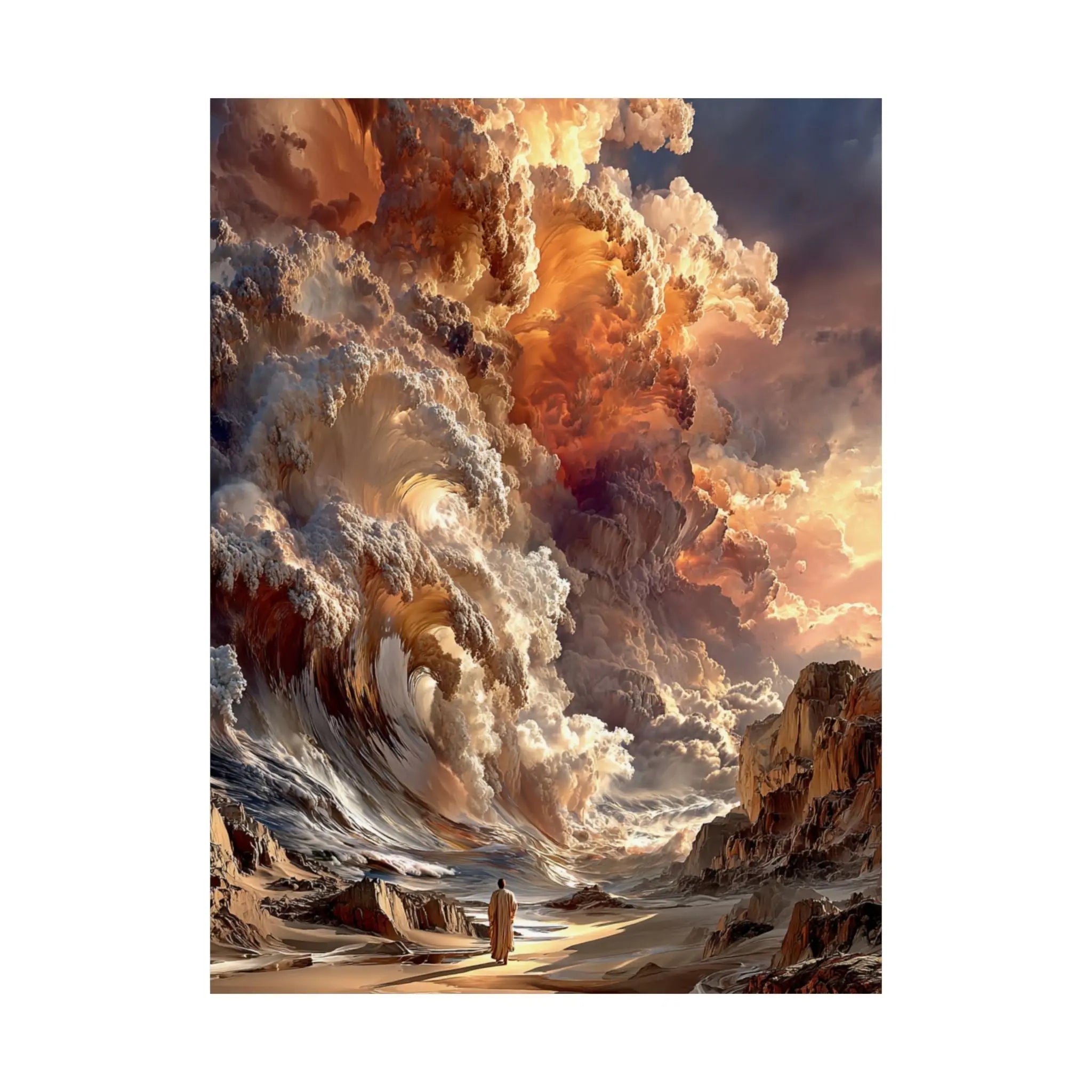 Epic Fantasy Cloudscape Satin Poster — Lone Wanderer in Fiery Sky (210gsm) Printify