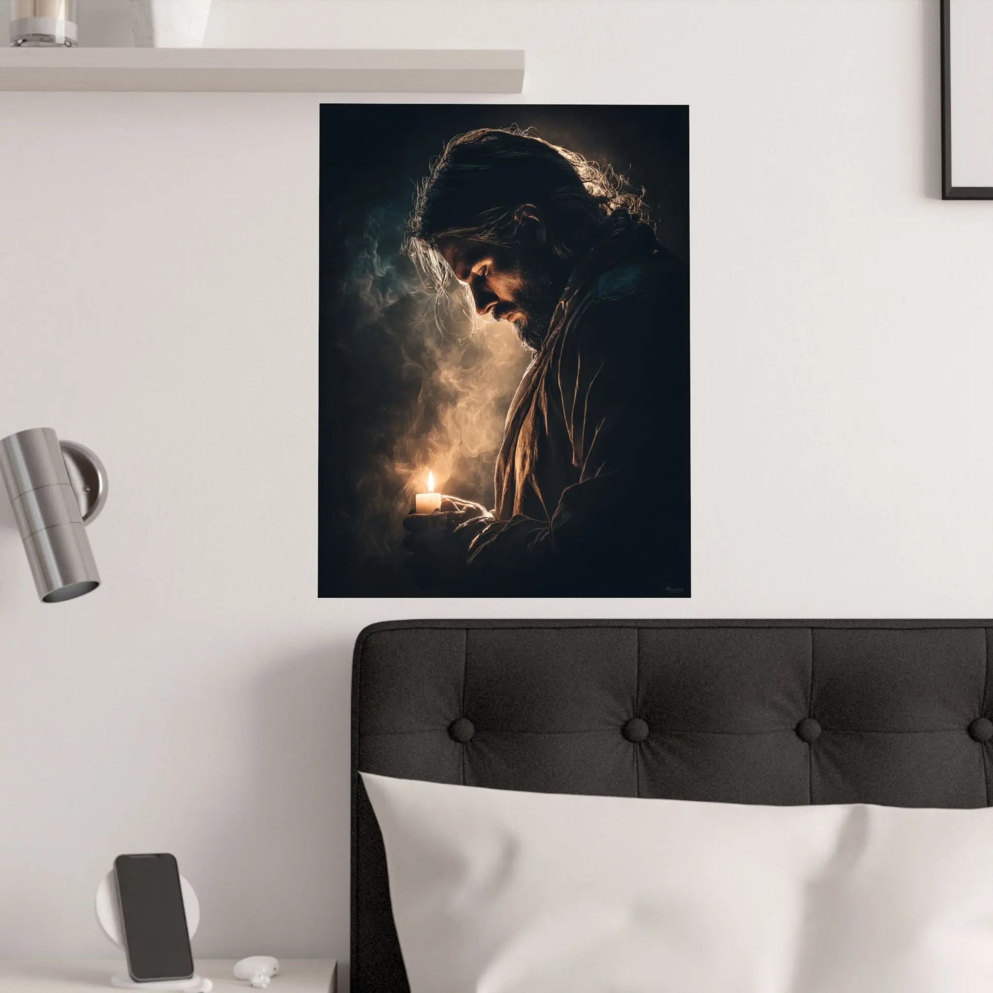 Religious Satin Poster — Jesus Holding Candle Wall Art Printify