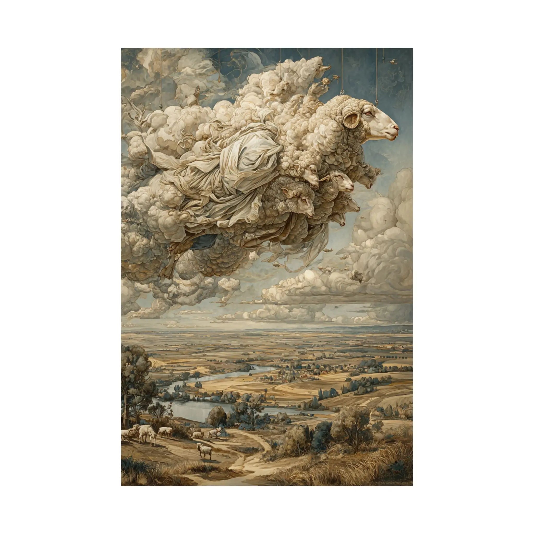 Surreal Cloud Sheep Satin Poster — Dreamscape Landscape Art Print Printify