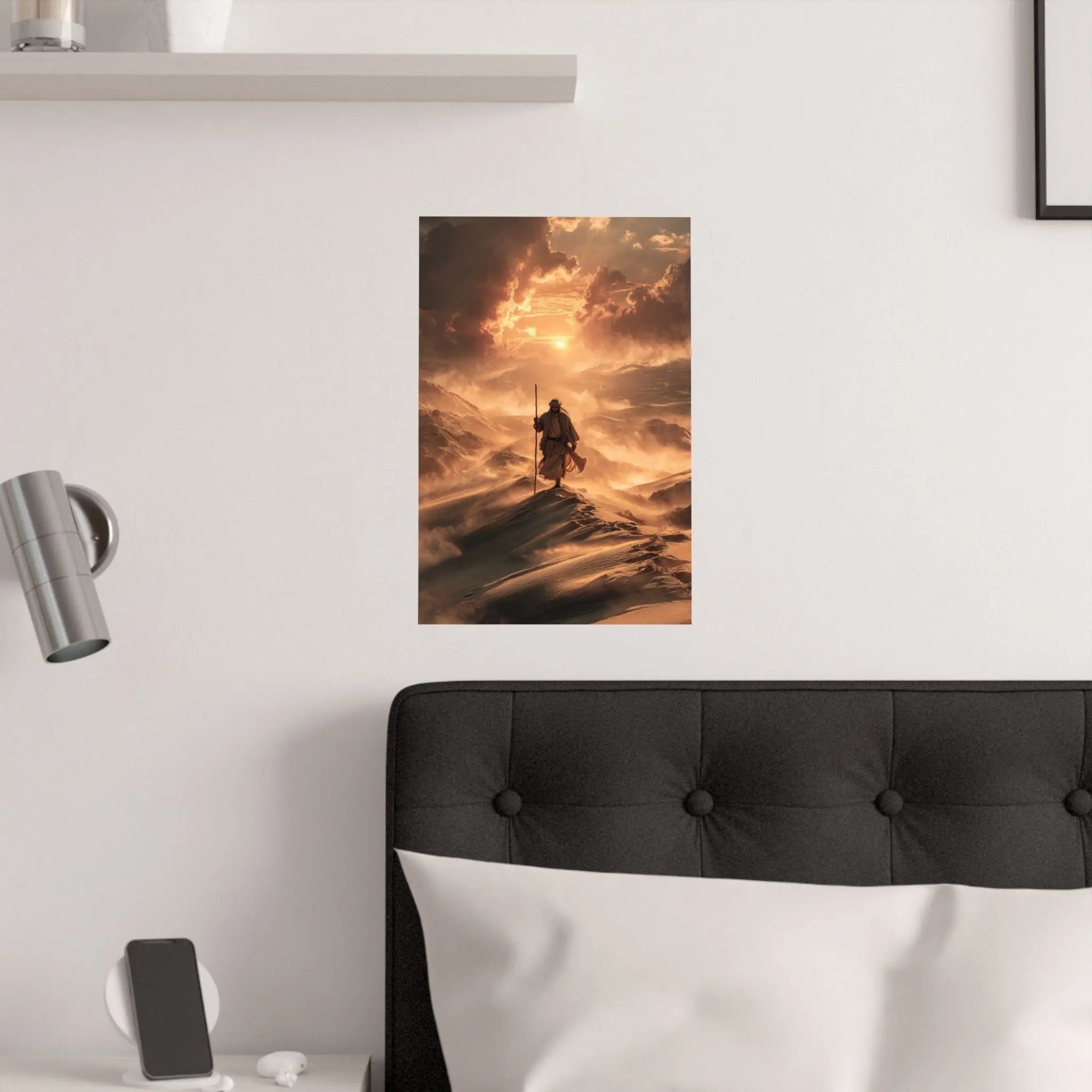 Satin Poster — Jesus on Fiery Dunes Sunset Wall Art Printify