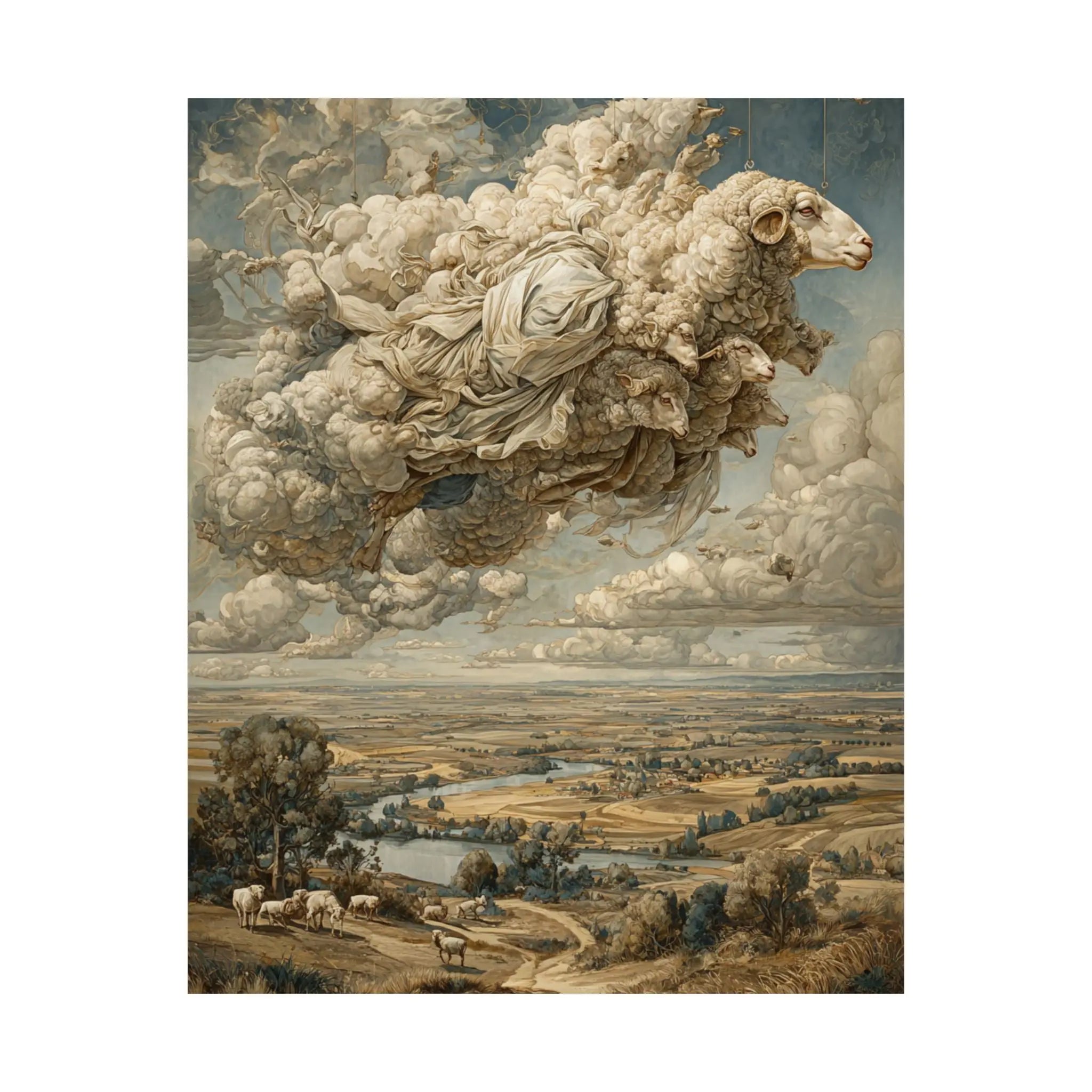 Surreal Cloud Sheep Satin Poster — Dreamscape Landscape Art Print Printify