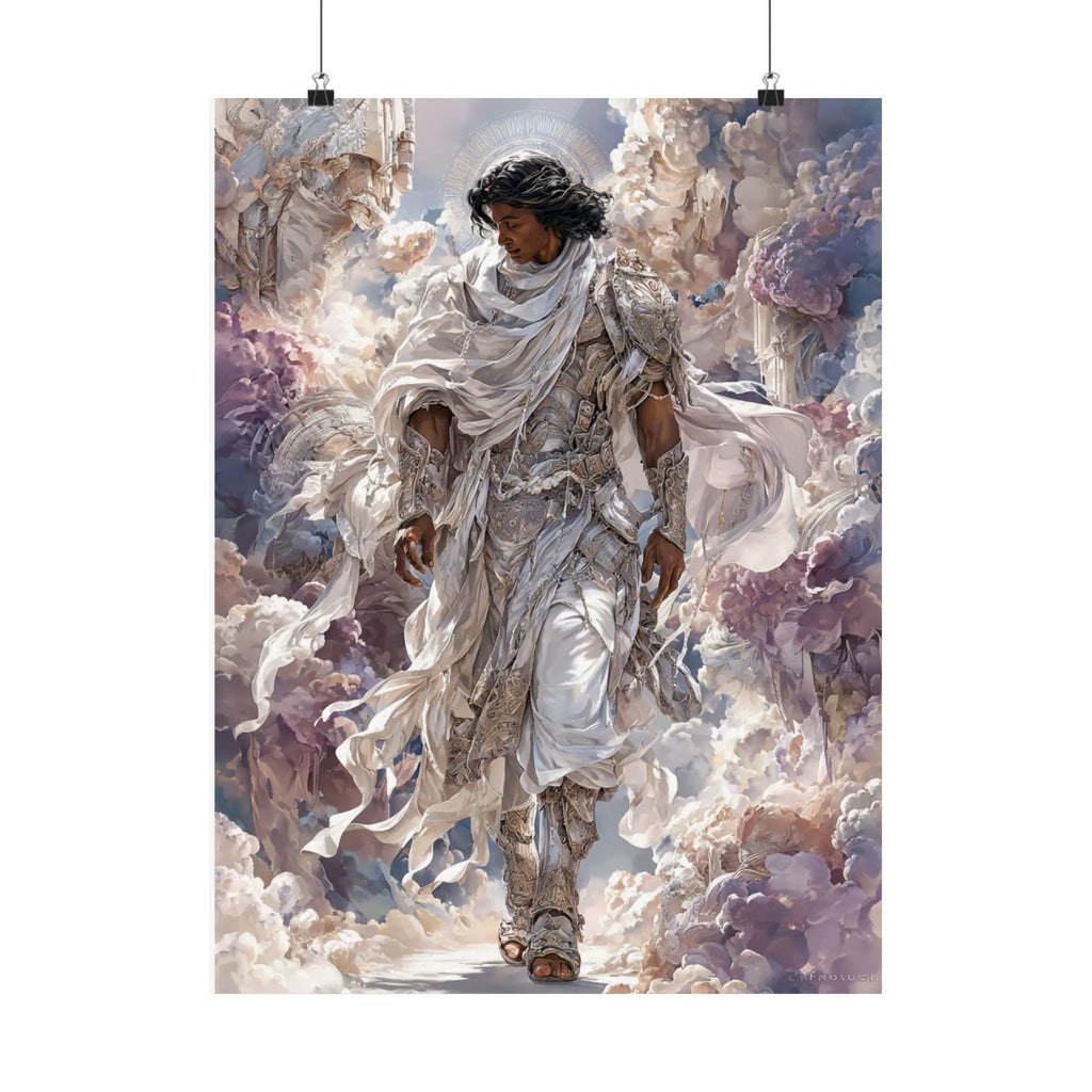 Angelic Figure Satin Poster — Ethereal Cloudscape Wall Art (210gsm) Printify