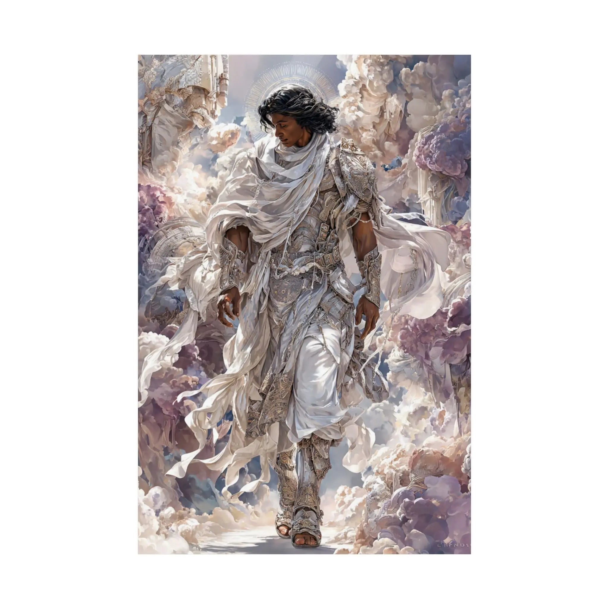 Angelic Figure Satin Poster — Ethereal Cloudscape Wall Art (210gsm) Printify