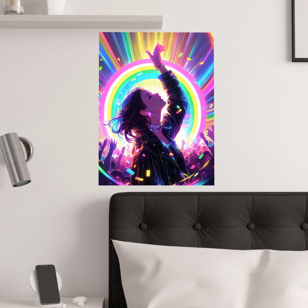 Satin Poster — Neon Concert Girl Rainbow Art Print Printify