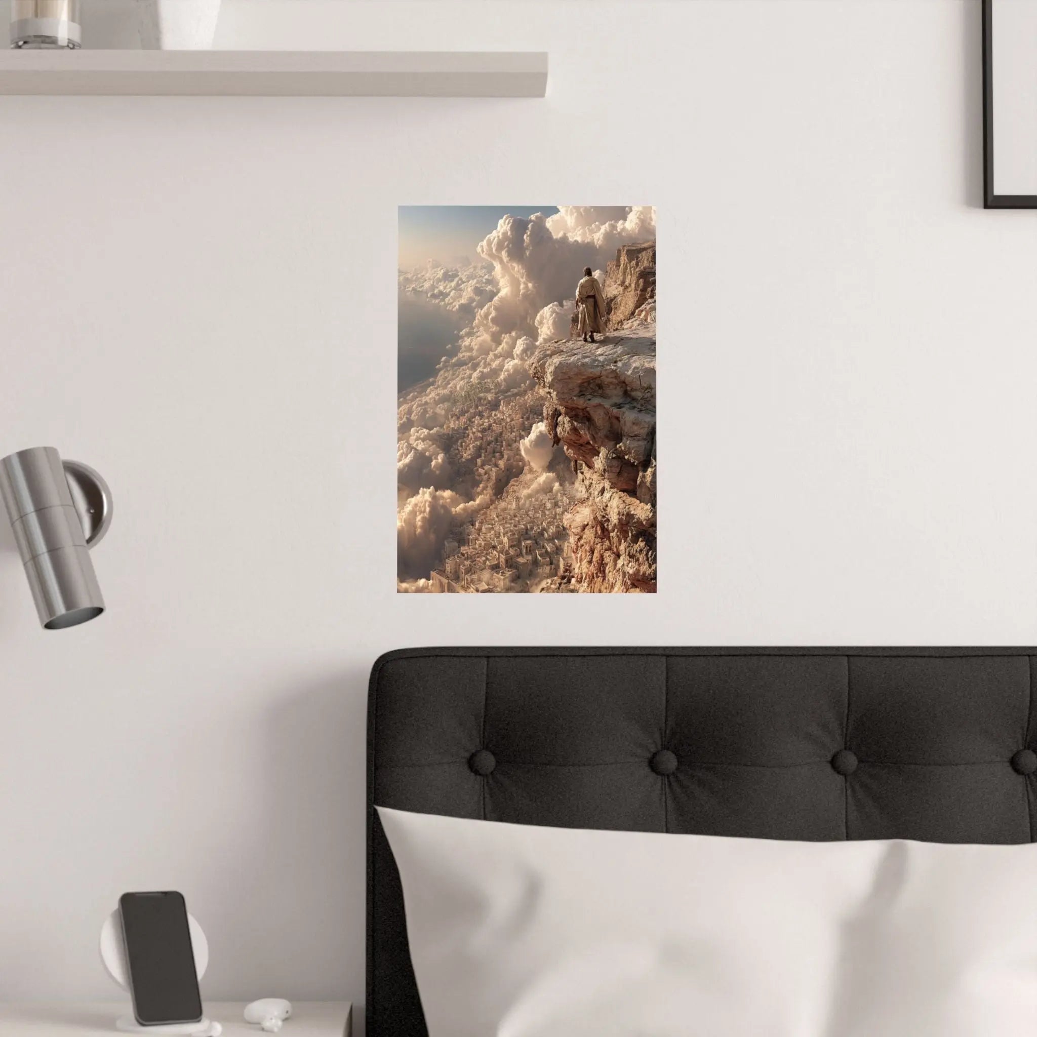 Satin Poster — Solitary Figure on Cliff Above Golden Clouds (210gsm) Printify