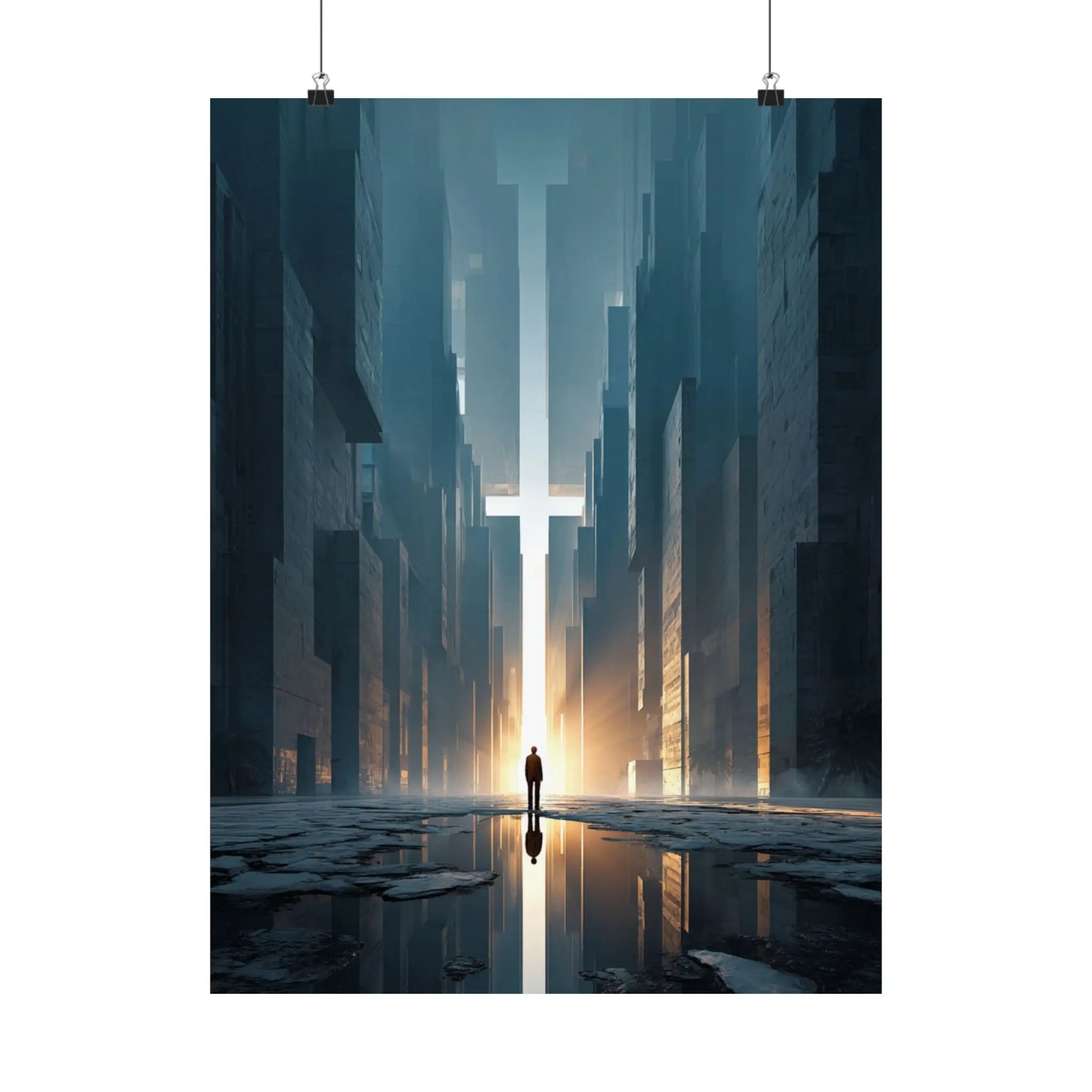 Satin Poster — Solitary Figure in Futuristic Cityscape (210gsm) Printify