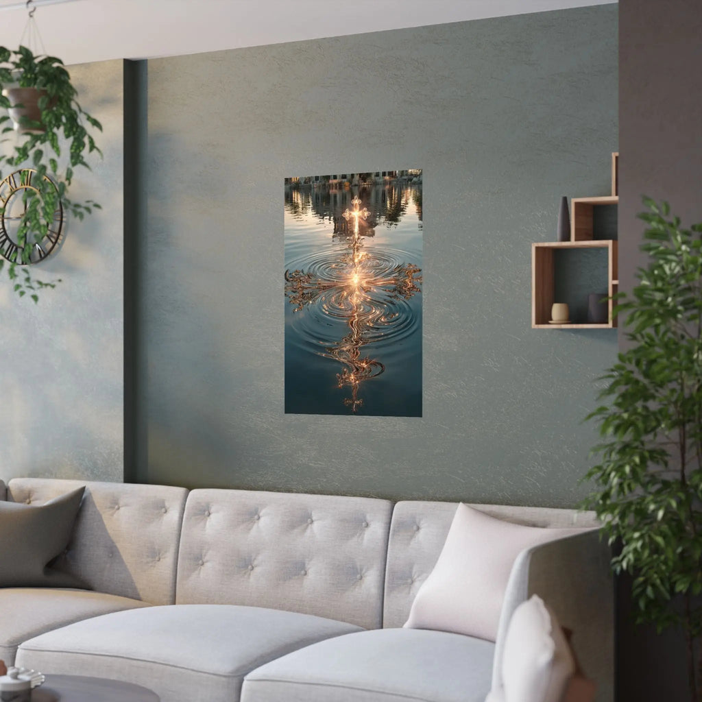 Satin Poster — Golden Cross Water Reflection Art Print Printify