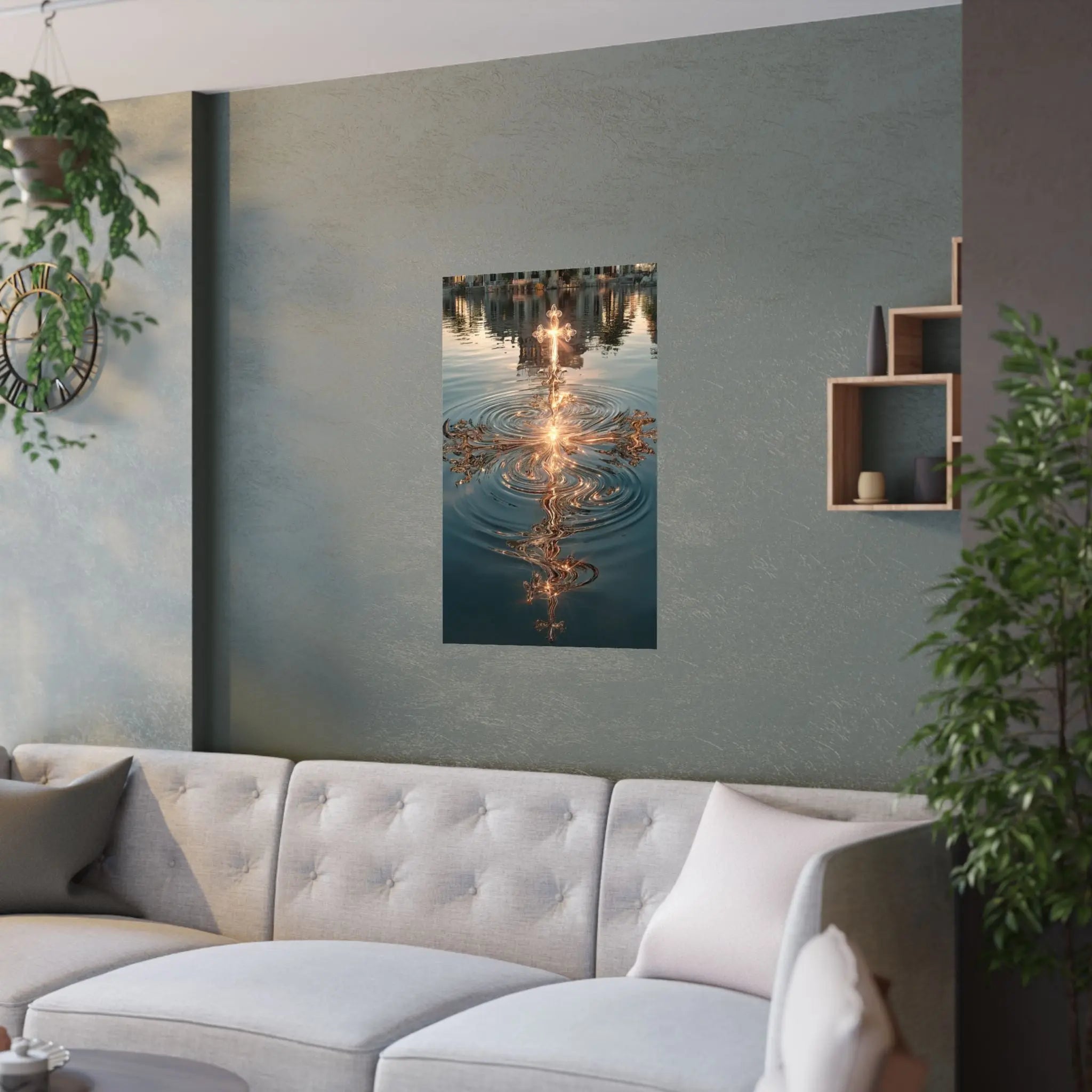 Satin Poster — Golden Cross Water Reflection Art Print Printify