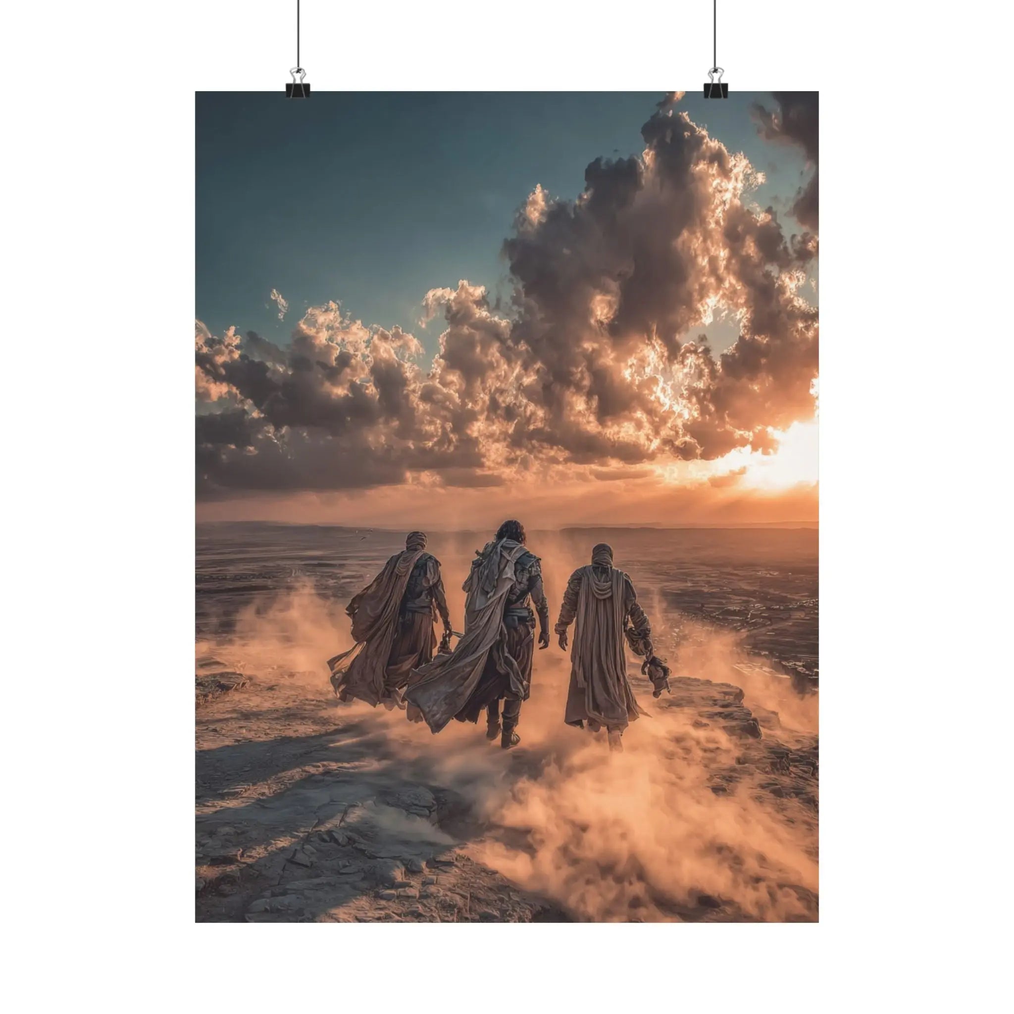 Desert Wanderers Satin Poster – Cinematic Sunset Adventure Wall Art Printify