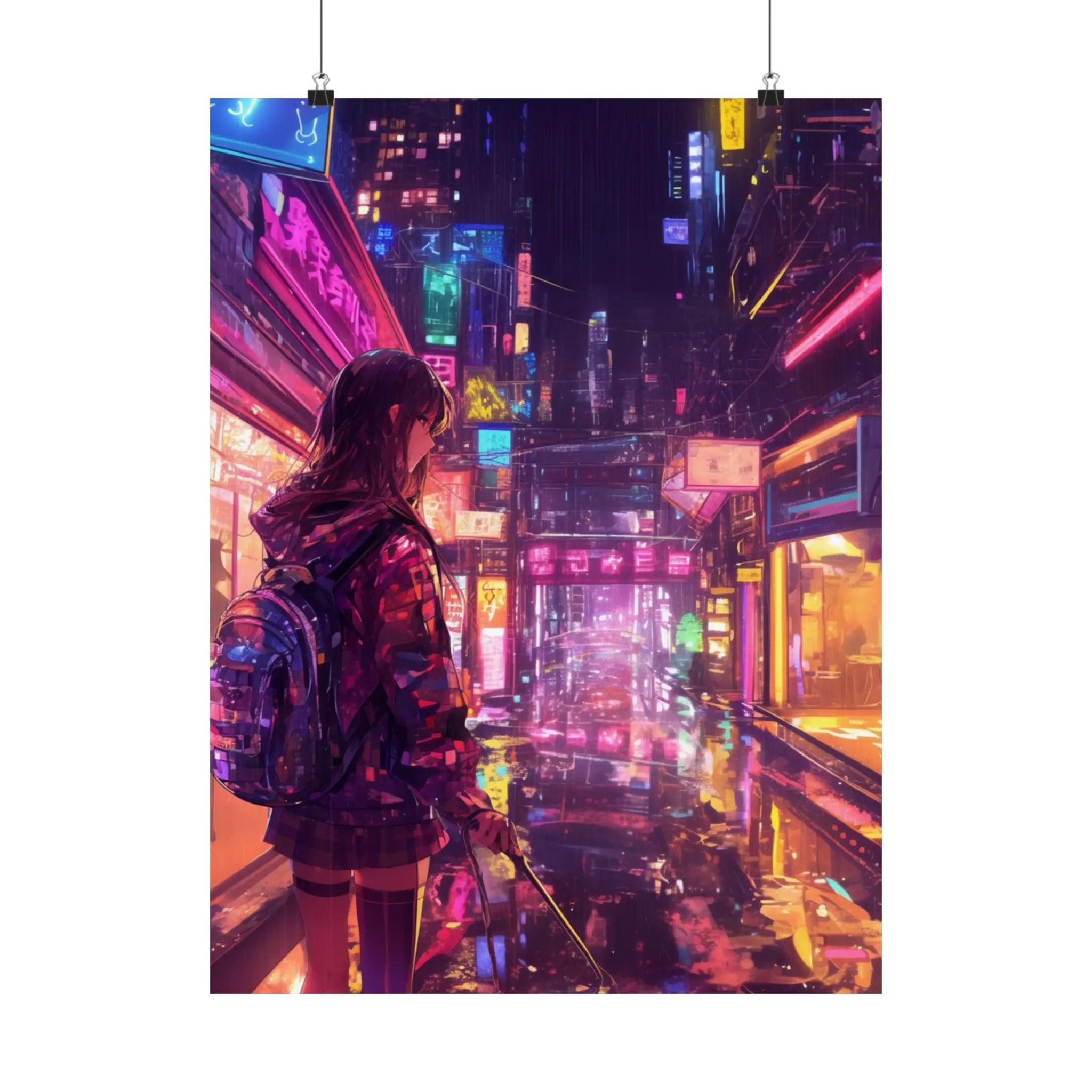 Satin Poster — Neon Cyber City Girl (210gsm) Printify