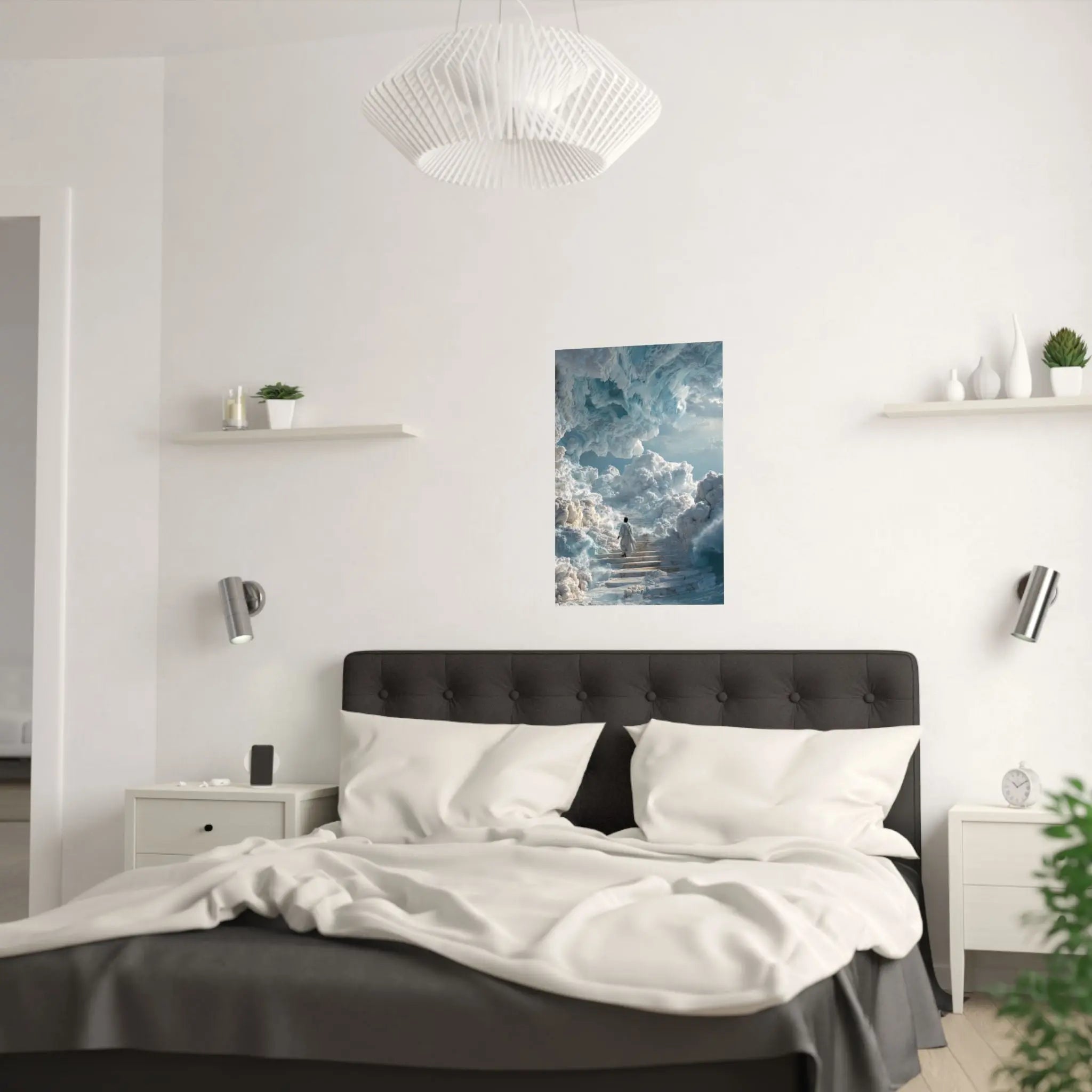 Heavenly Stairway Satin Poster — Ethereal Cloudscape Wall Art Printify