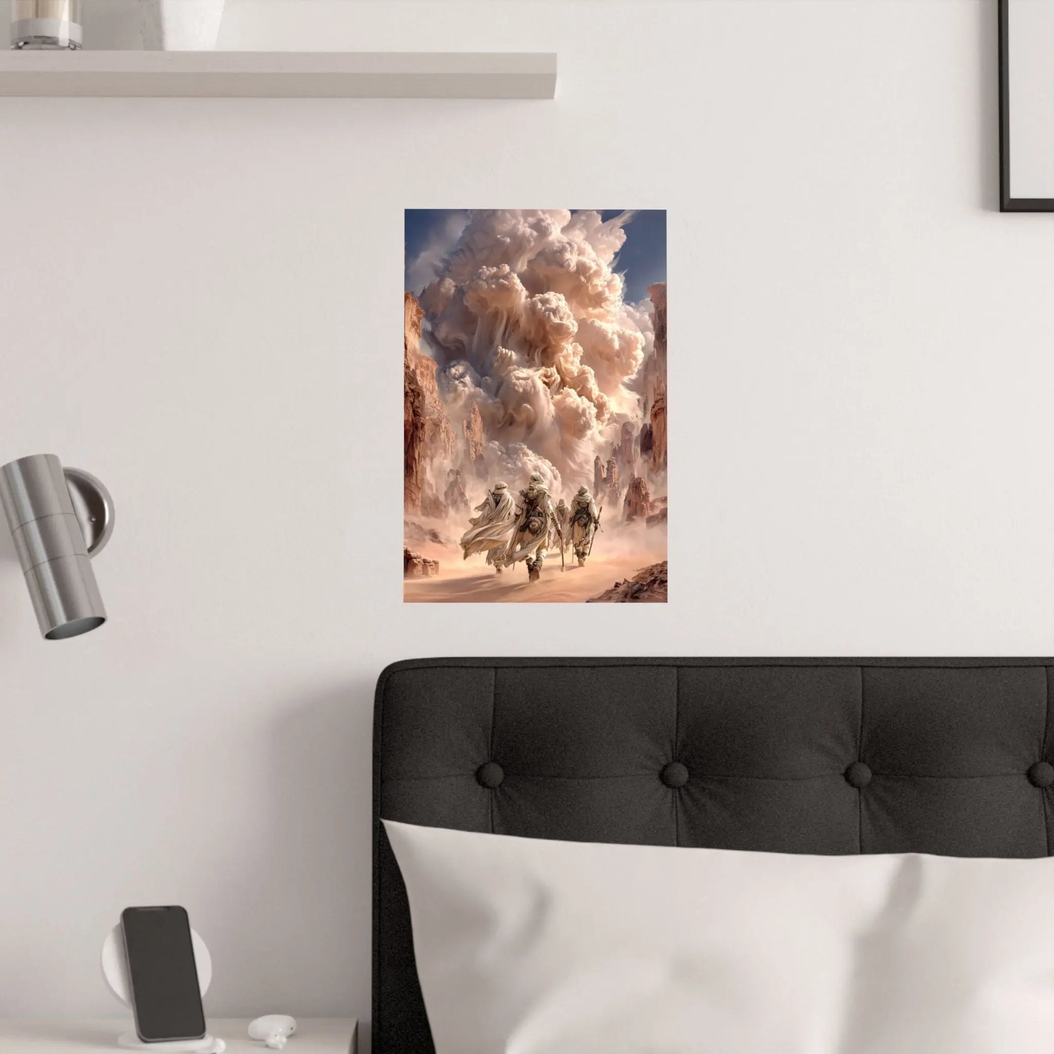 Desert Pilgrimage Satin Poster — Dramatic Sandstorm Fantasy Wall Art Printify