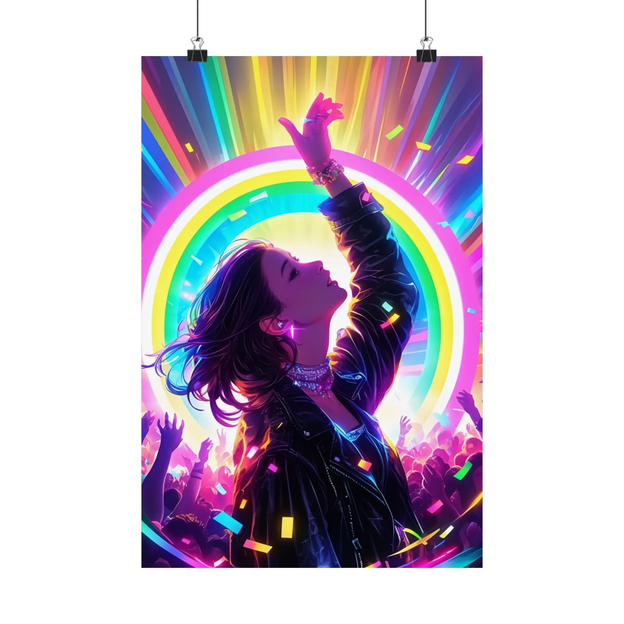 Satin Poster — Neon Concert Girl Rainbow Art Print Printify