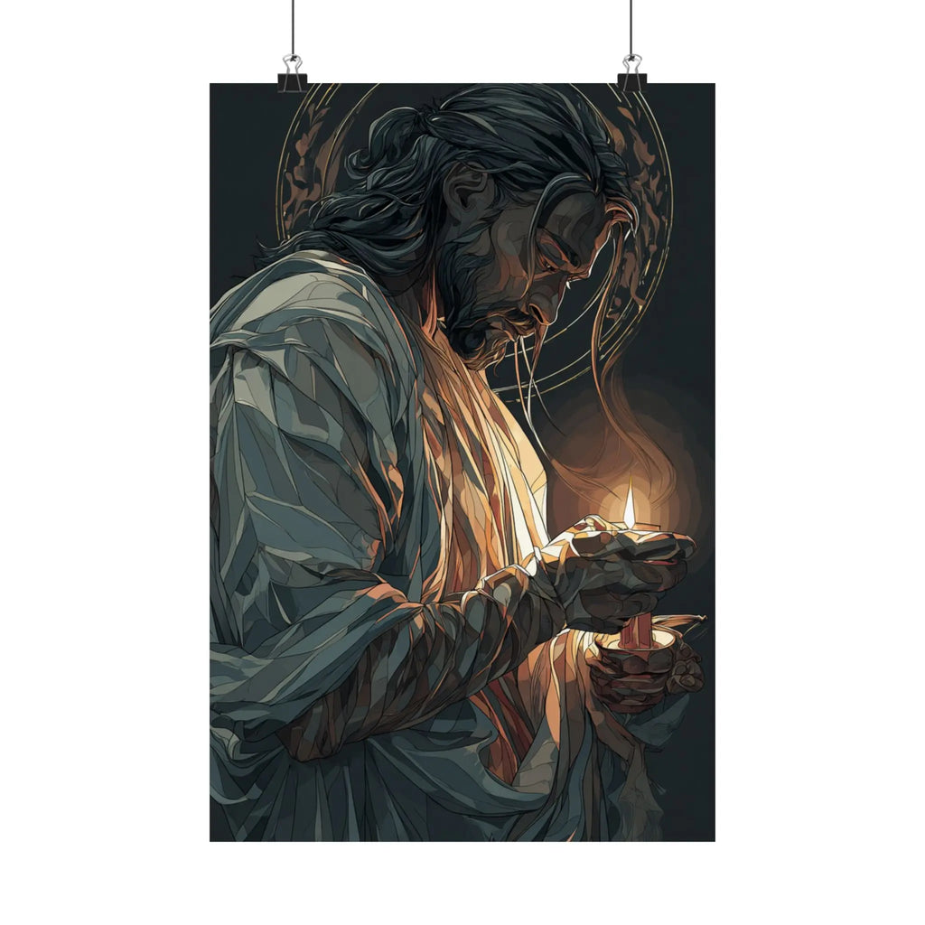 Satin Poster — Devotional Jesus Holding Candlelight (210gsm) Printify