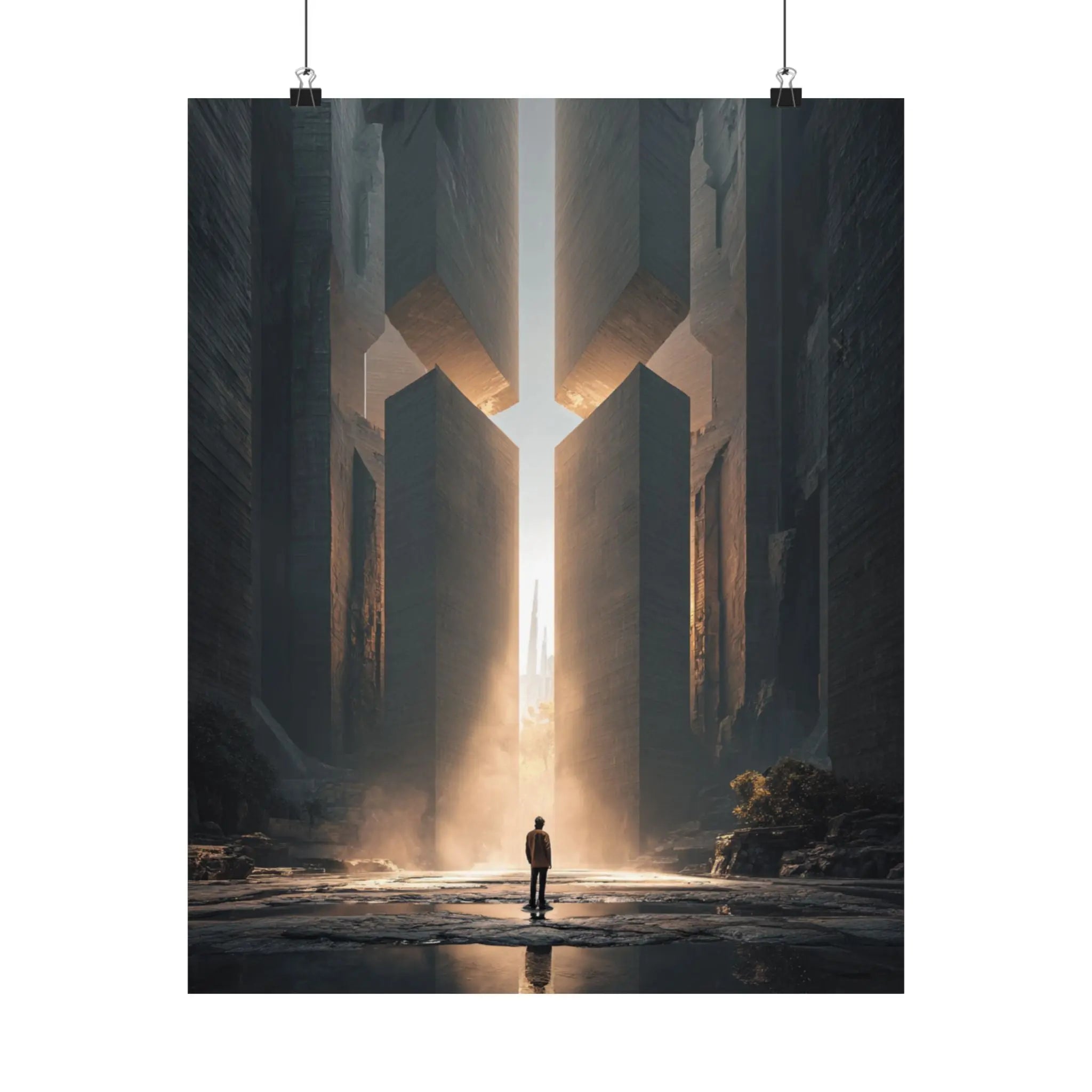 Satin Poster — Solitary Figure at Golden Gateway (Large Art Print) Printify