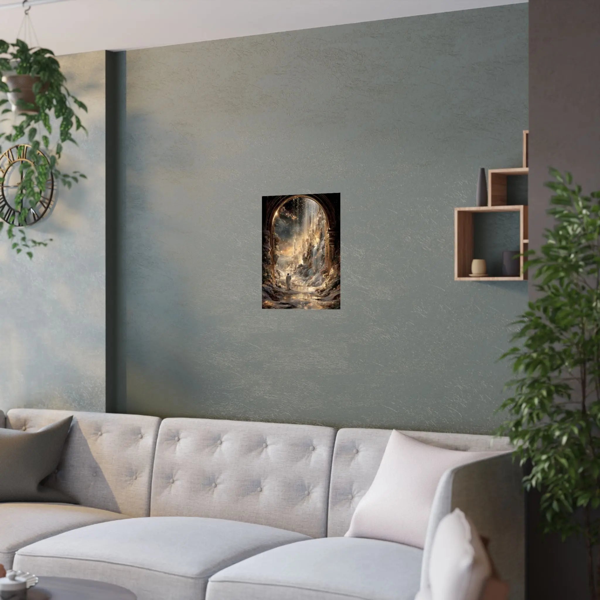 Celestial Gateway Satin Poster — Ethereal Golden Landscape Wall Art Printify