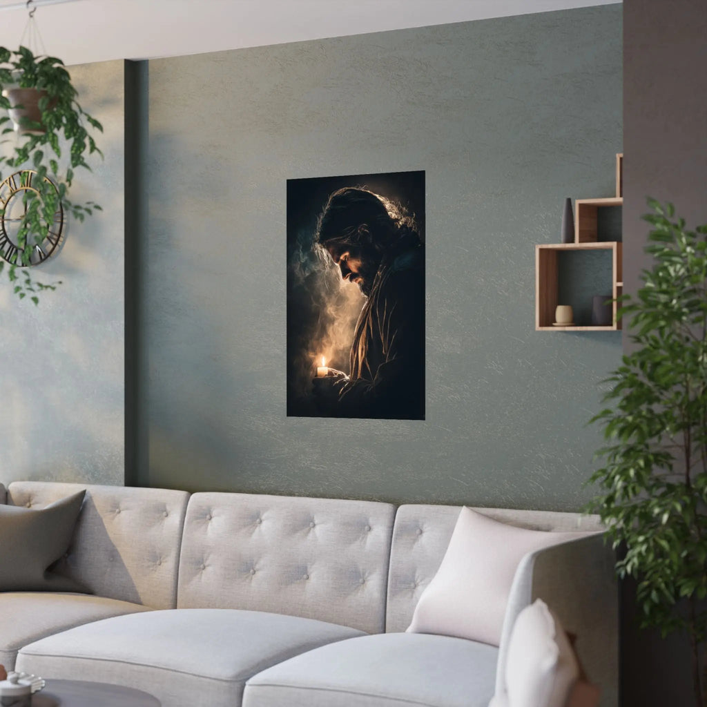 Religious Satin Poster — Jesus Holding Candle Wall Art Printify
