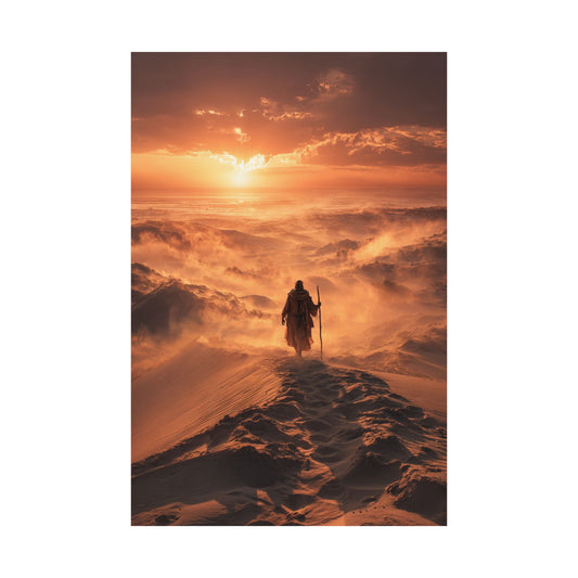 Desert Wanderer Satin Poster — Dramatic Sunset Silhouette Wall Art