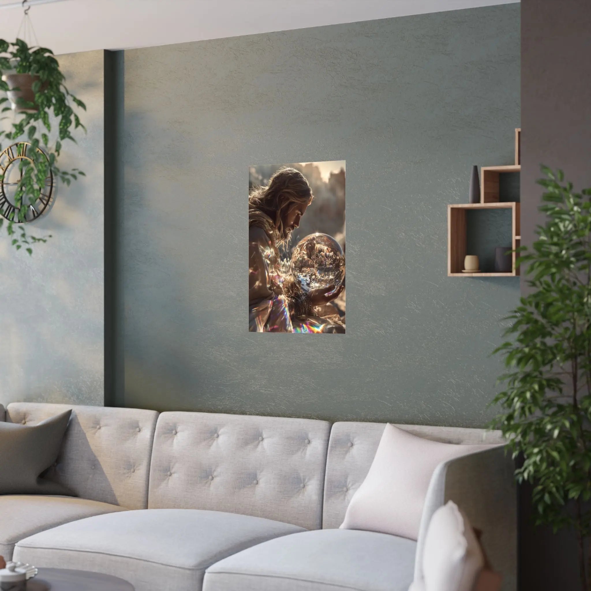 Satin Poster — Mystic Jesus Holding Crystal Orb Art Print Printify