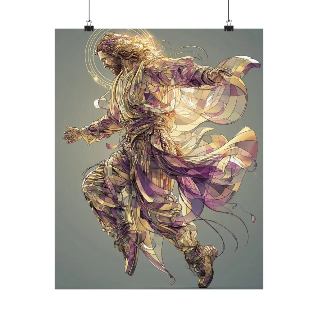 Jesus Christ Satin Poster — Ethereal Gold & Purple Religious Wall Art Printify