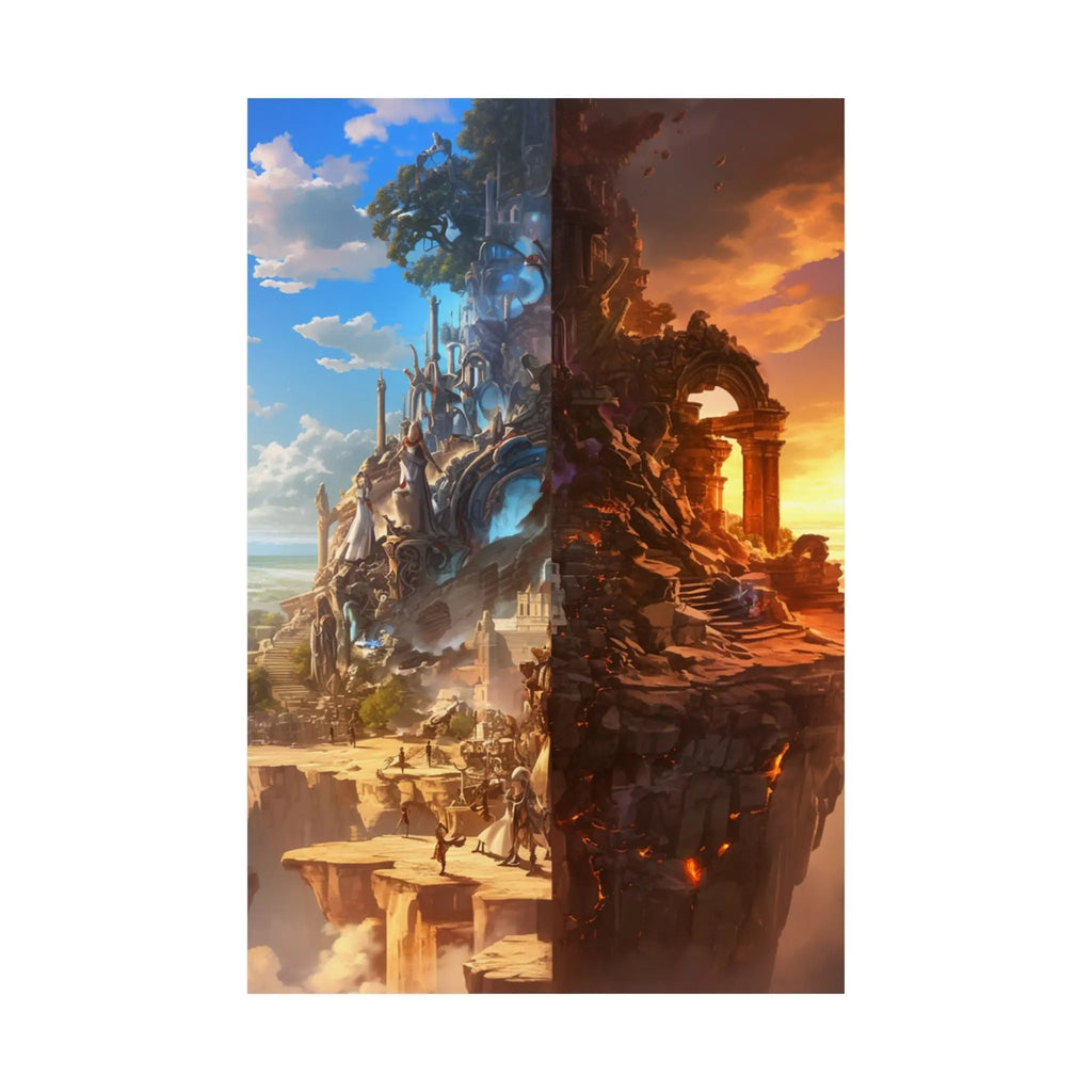 Fantasy Split-World Satin Poster (210gsm) — Day & Night Landscape Art Print Printify