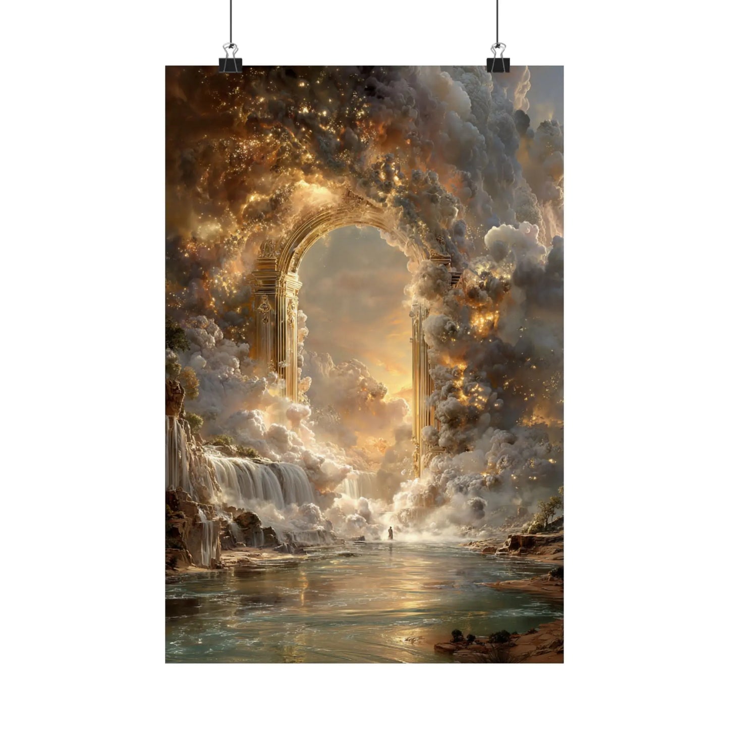 Heavenly Arch Satin Poster — Ethereal Golden Clouds & Waterfall Wall Art Printify