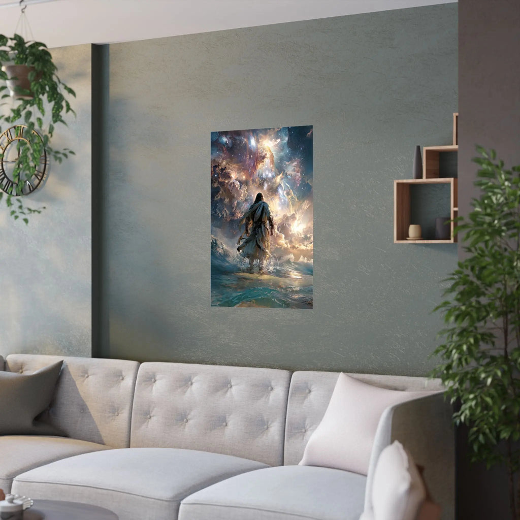 Religious Satin Poster — 'Walking on Water' Inspirational Wall Art Printify