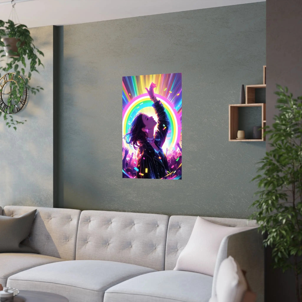 Satin Poster — Neon Concert Girl Rainbow Art Print Printify