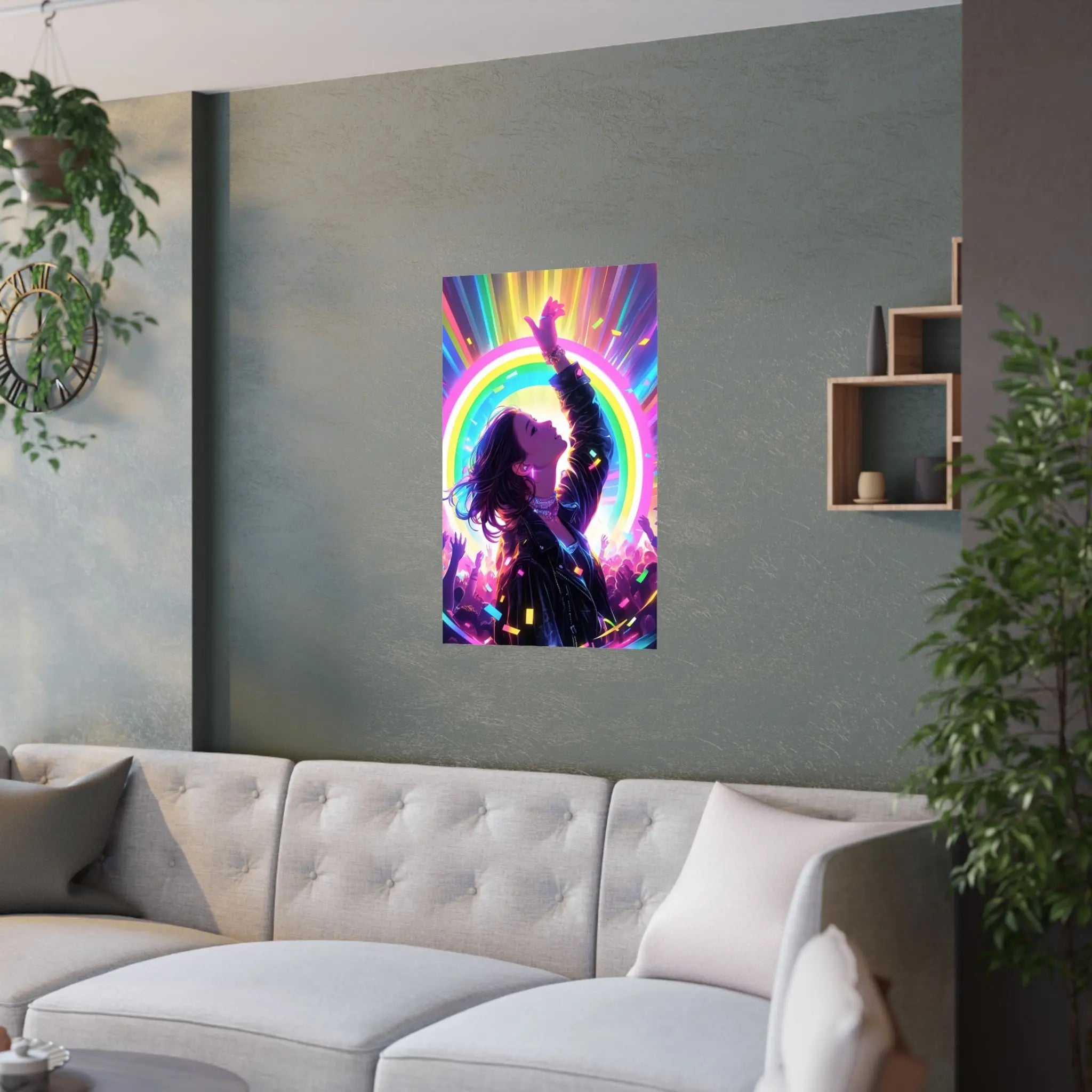 Satin Poster — Neon Concert Girl Rainbow Art Print Printify
