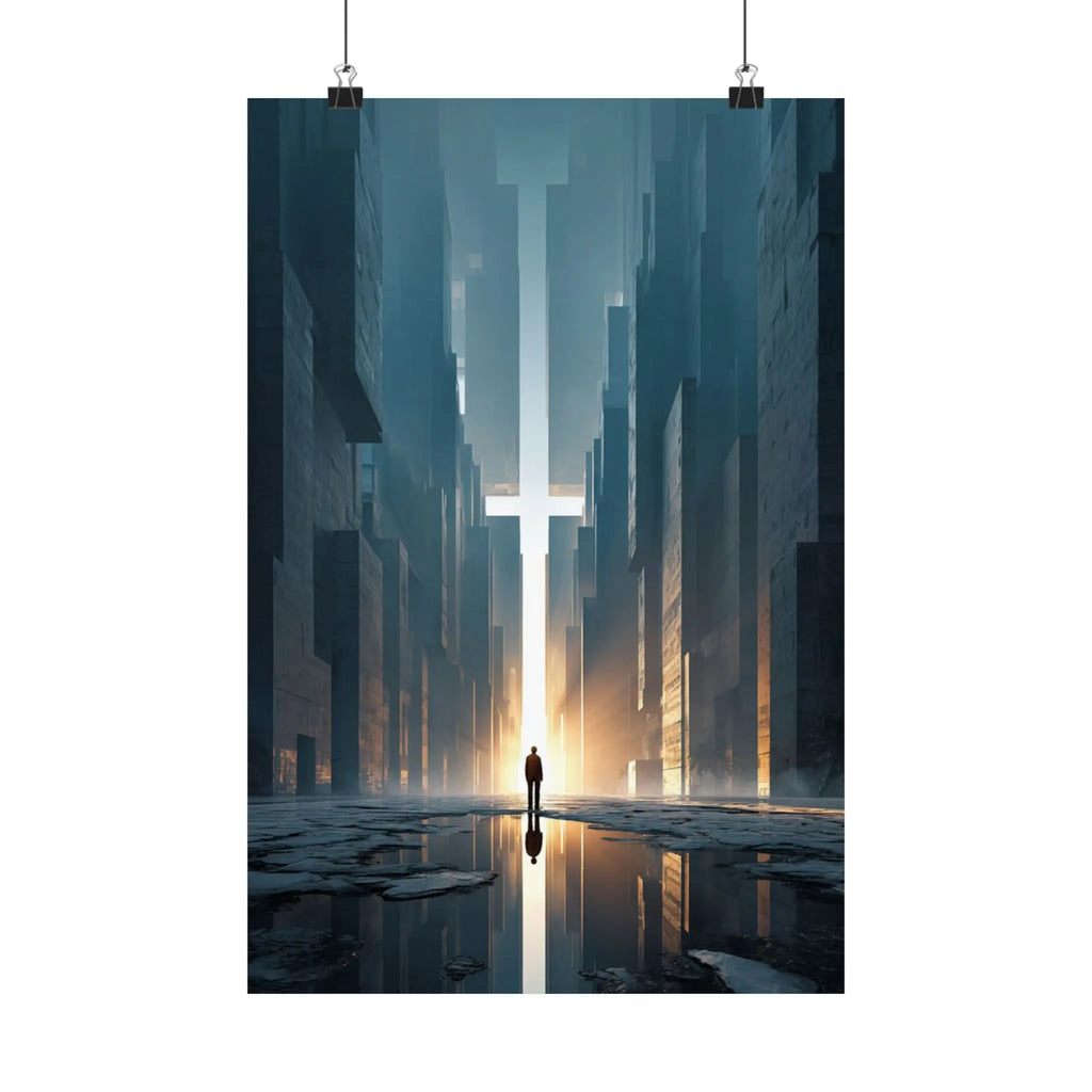 Satin Poster — Solitary Figure in Futuristic Cityscape (210gsm) Printify