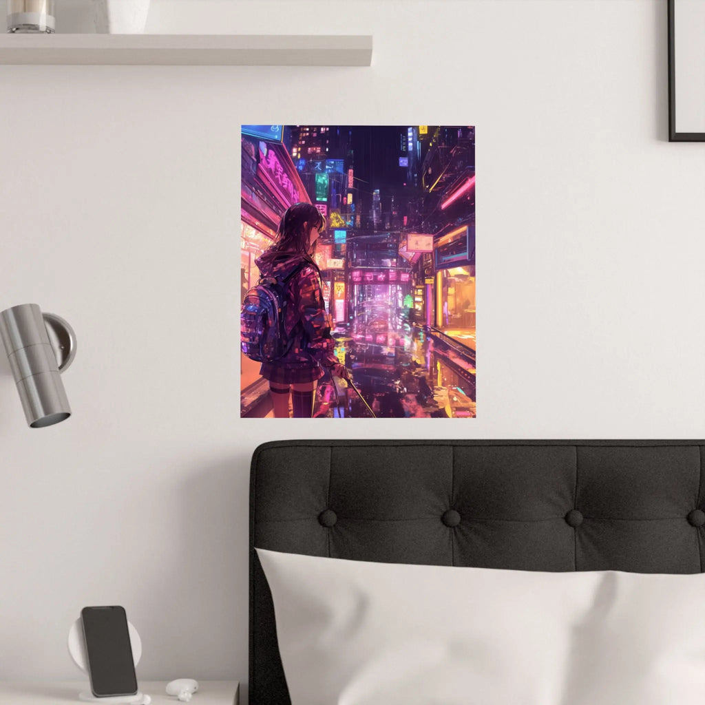Satin Poster — Neon Cyber City Girl (210gsm) Printify