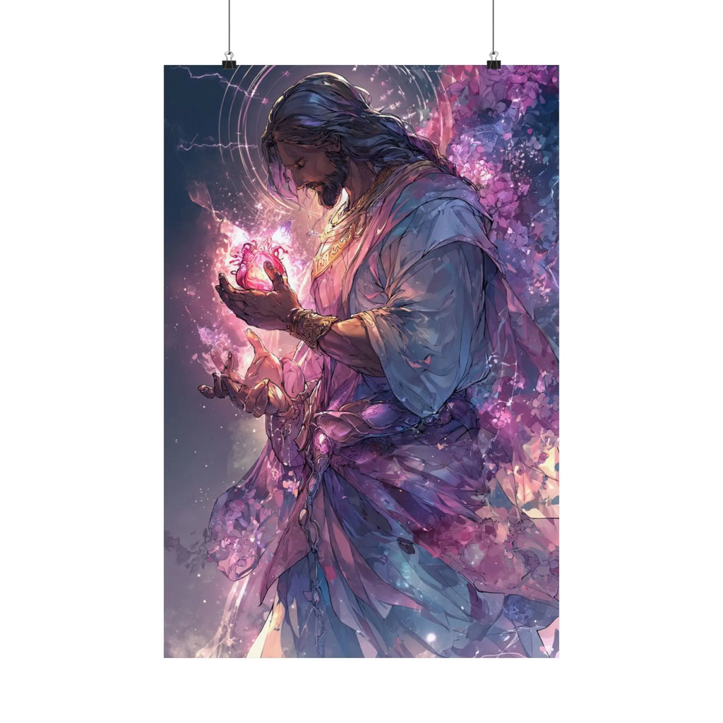 Satin Poster — Radiant Christ Holding Heart Illustration (210gsm) Printify