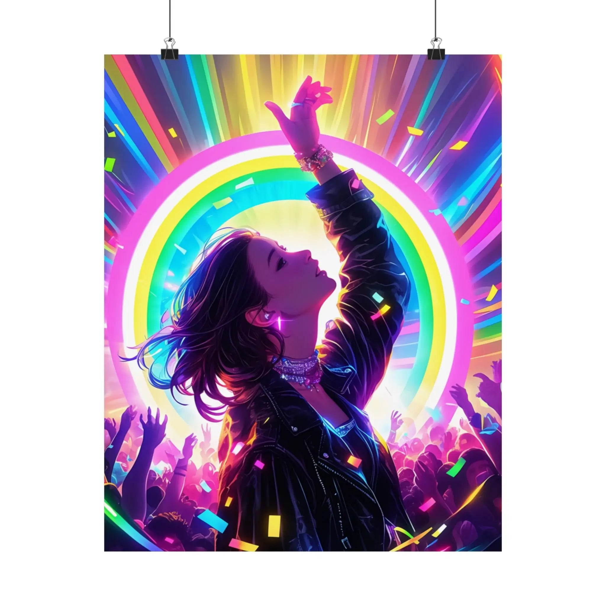 Satin Poster — Neon Concert Girl Rainbow Art Print Printify