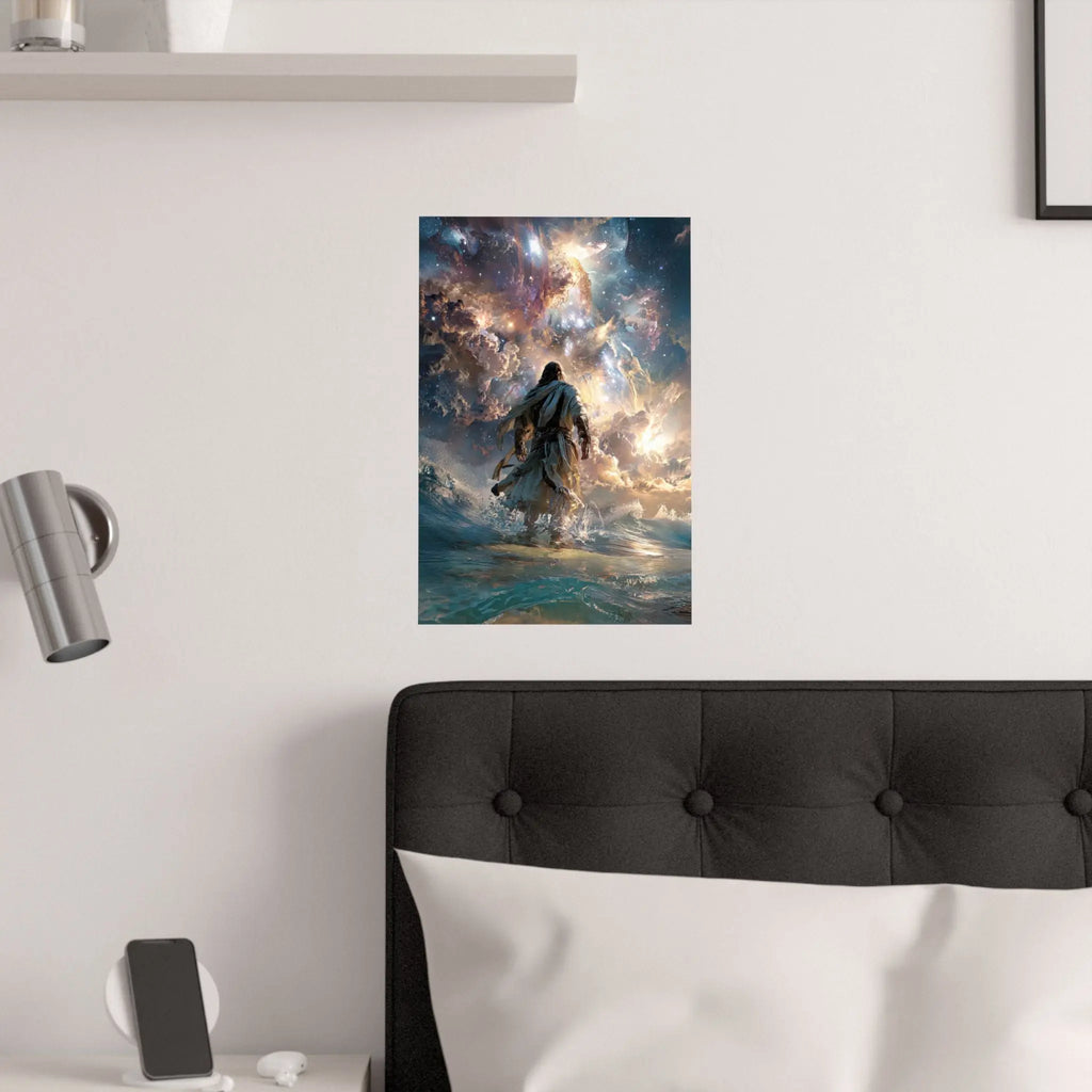 Religious Satin Poster — 'Walking on Water' Inspirational Wall Art Printify