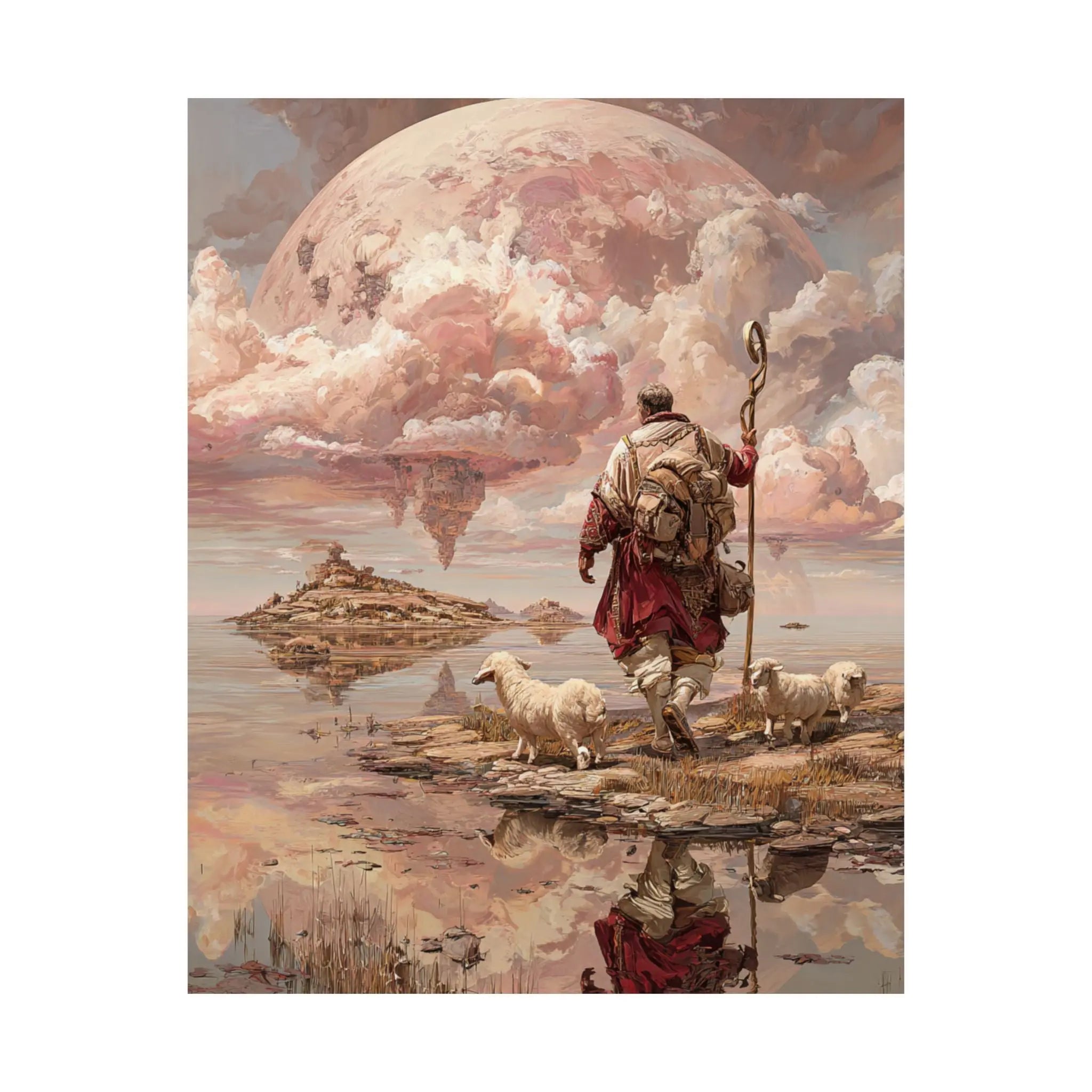 Shepherd of the Moon Satin Poster — Fantasy Landscape Art Print Printify
