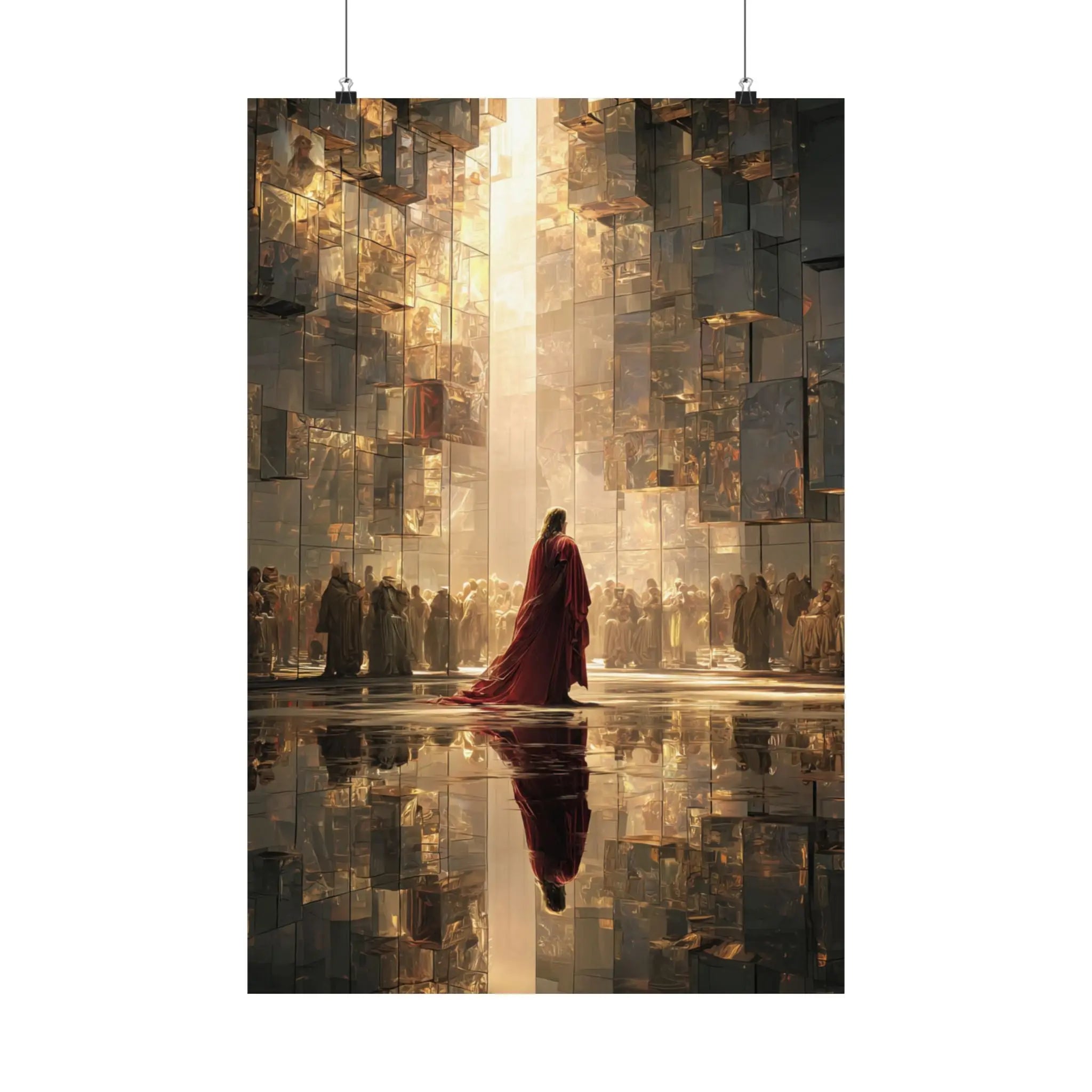 Satin Poster — Jesus in Regal Red Cloak in Golden Reflective Cityscape Printify