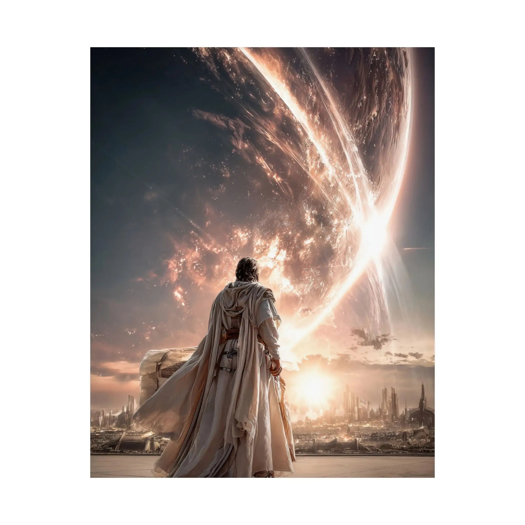 Epic Sci‑Fi Poster — Lone Figure Walking Toward Stellar City (Satin 210gsm) Printify