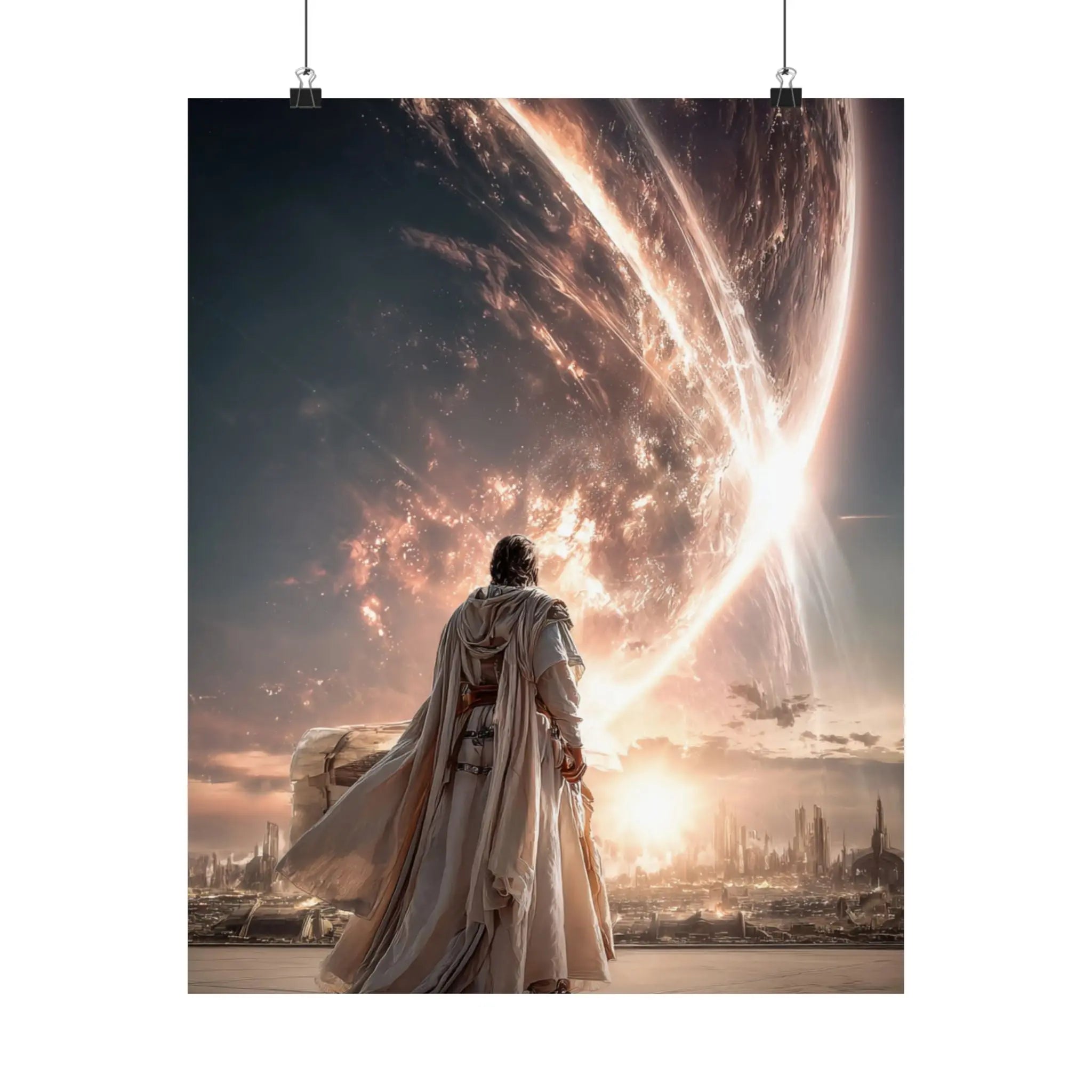 Epic Sci‑Fi Poster — Lone Figure Walking Toward Stellar City (Satin 210gsm) Printify