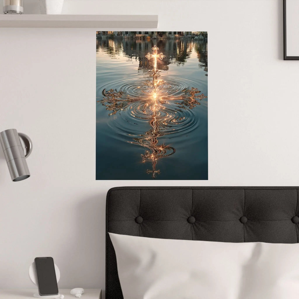 Satin Poster — Golden Cross Water Reflection Art Print Printify