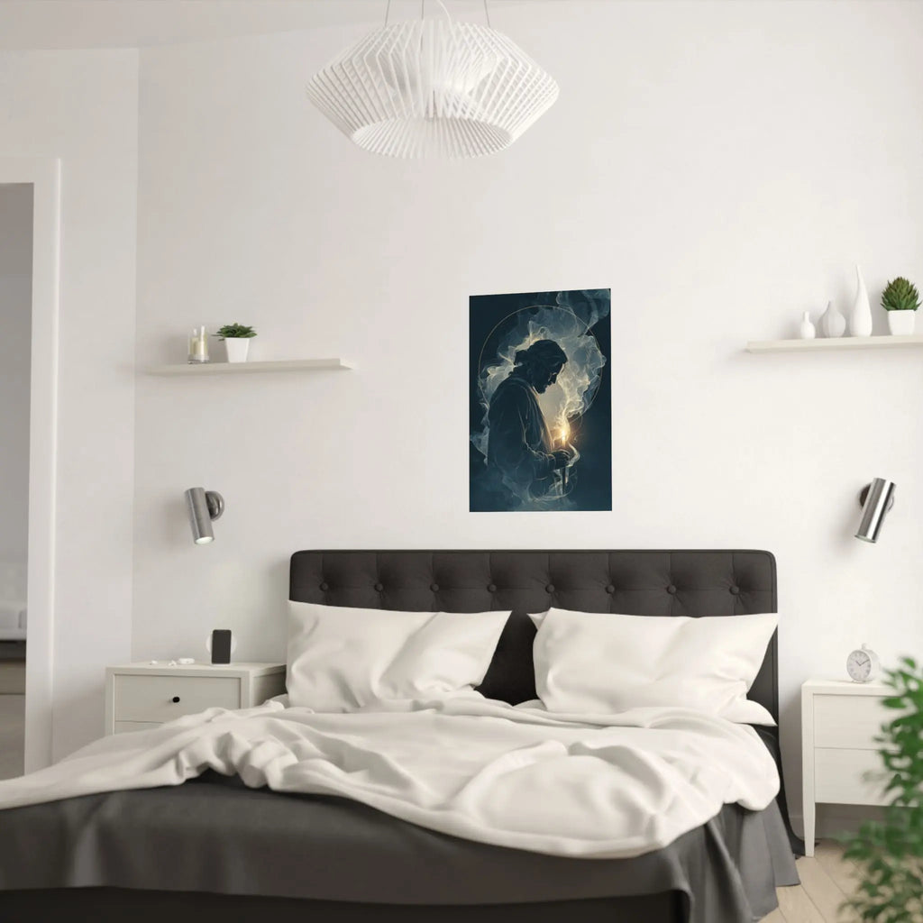 Jesus with Candle Satin Poster — Spiritual Religious Wall Art Printify