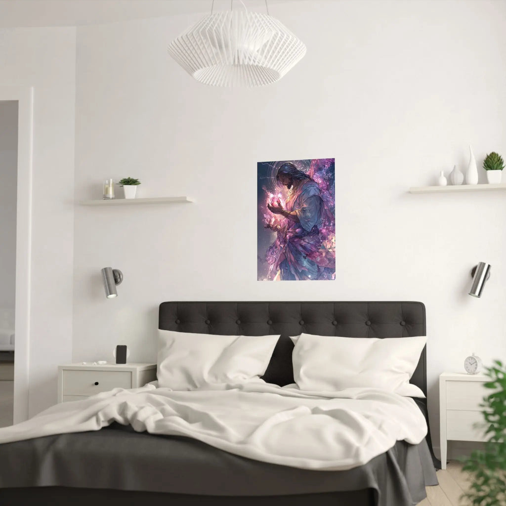 Satin Poster — Radiant Christ Holding Heart Illustration (210gsm) Printify