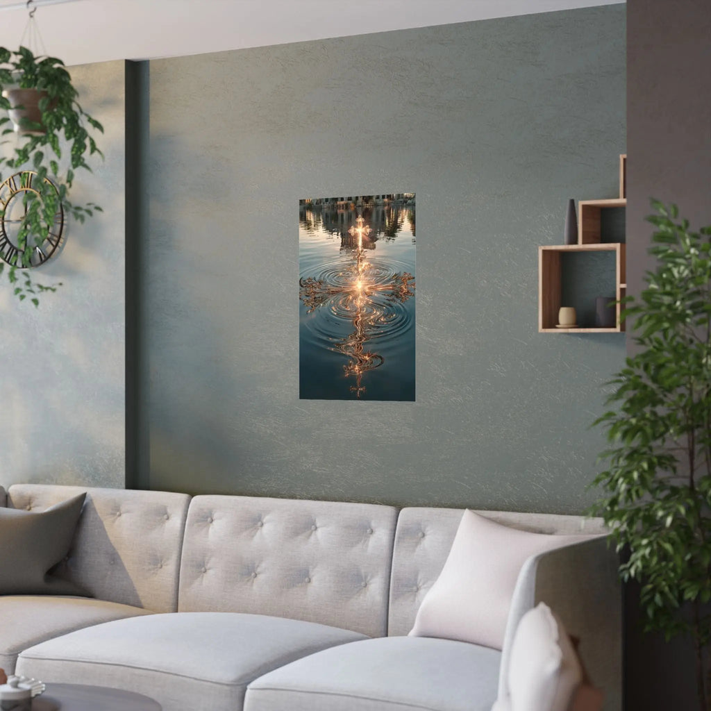 Satin Poster — Golden Cross Water Reflection Art Print Printify